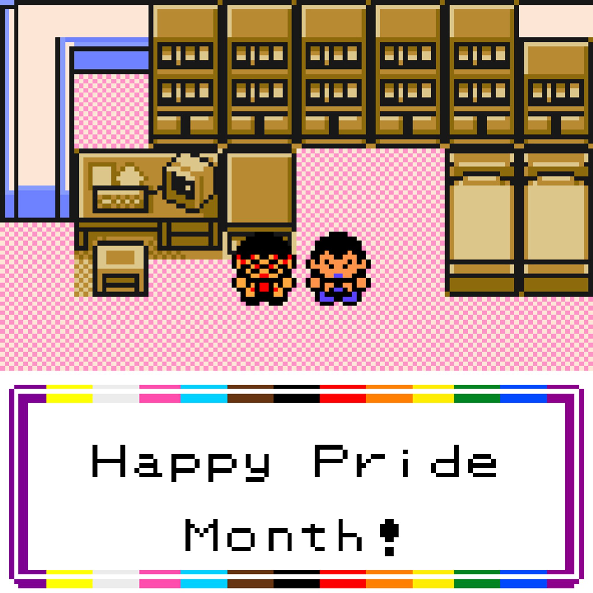 Professor Hector Ilk and his husband Phillip, characters from Pokémon Prism, standing in the lab in Caper Ridge. A rainbow-coloured text box below them reads "Happy Pride Month!"