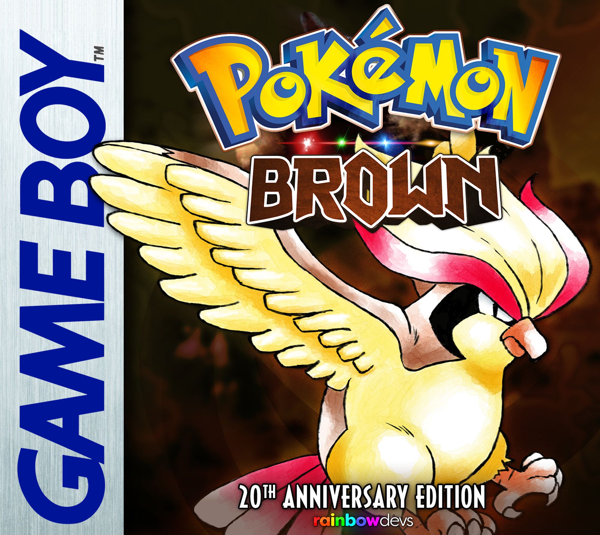 The Pokémon Brown 20th Anniversary Edition boxart. It features a Pidgeot.