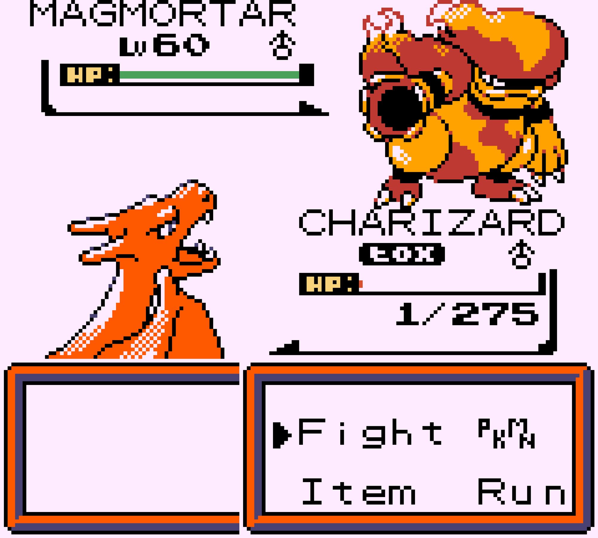 A screenshot from an upcoming version of Pokémon Brown. It shows the battle screen. A Charizard on our side is facing off against a Magmortar on the other. The Magmortar has full HP, while the Charizard is on 1HP and is badly poisoned.