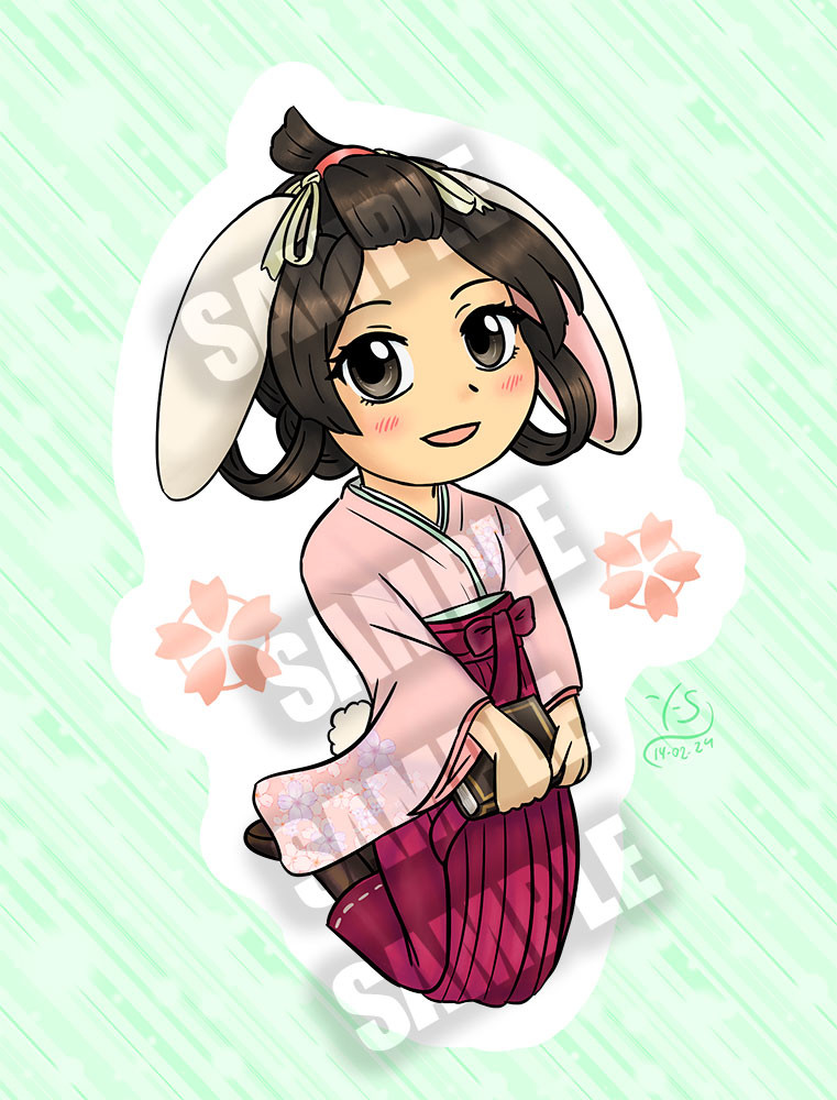 Chibi drawing of Susato from the Great Ace Attorney. She appears to be jumping up, with her hands extended on her front and holding her reference book. She's smiling at the camera. She has bunny ears and tail as well.