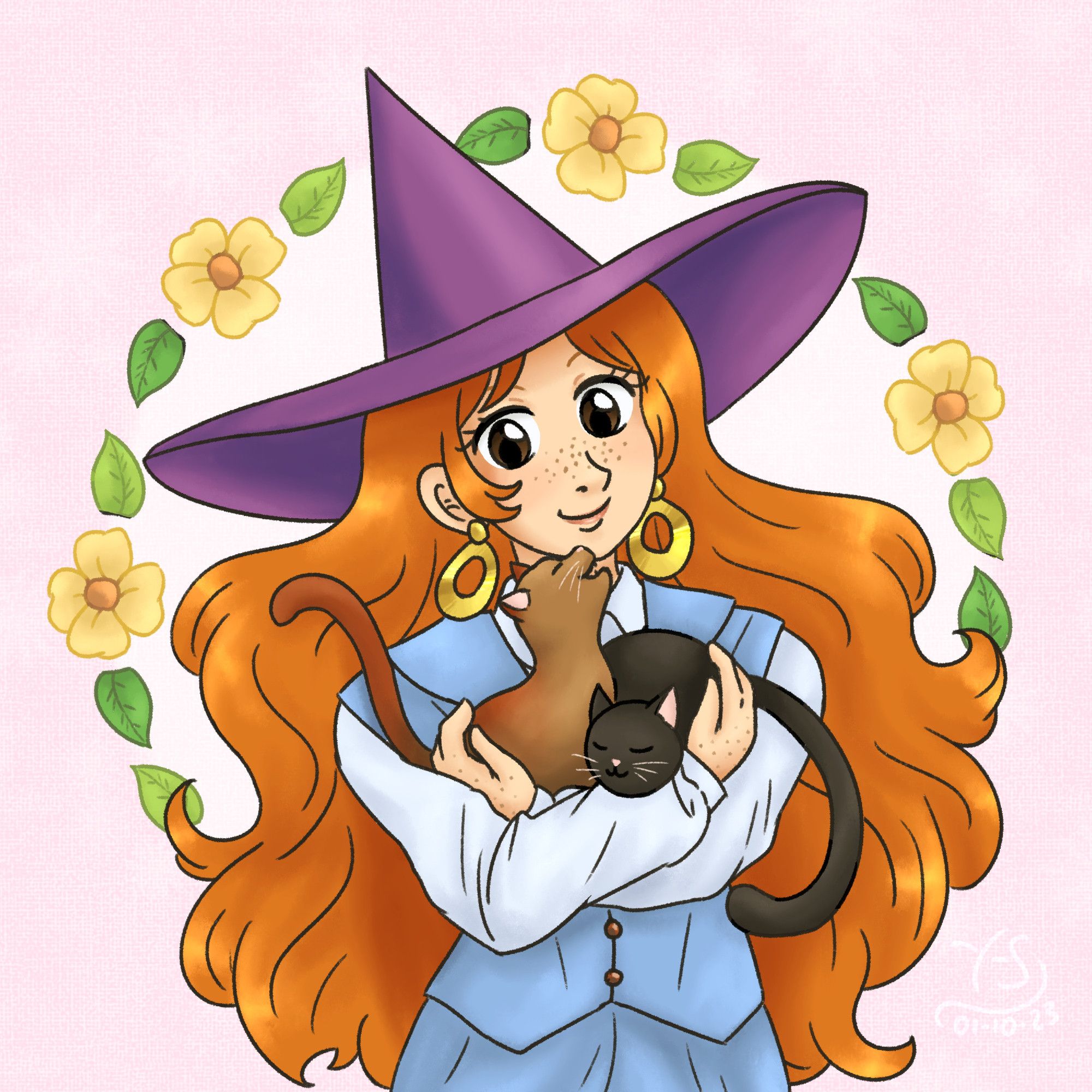 Drawing of Carla-Lalla from Cat Cafe Manager 2. She's holding two cats in her arms and looking down at them with a smile. The brown cat is looking up at her and the black cat is curled up sleeping with his head on her forearm. A wreath of flowers and leaves are in the background in a circle.