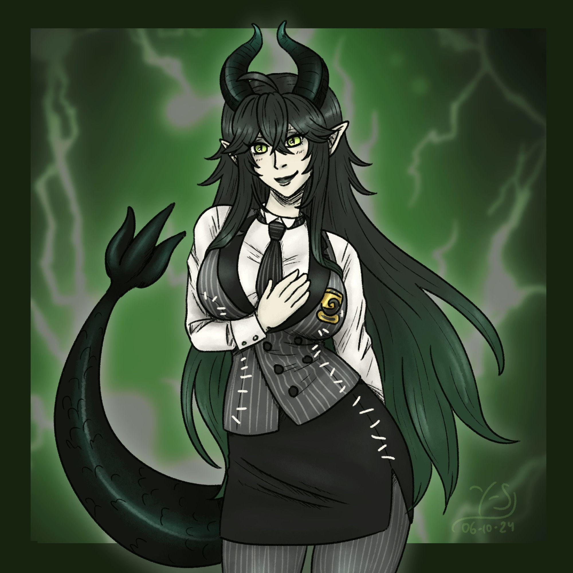 Art of a female version of Malleus from Twisted Wonderland. She's  wearing the new event outfit. Her left hip is higher than the left, and her right hand is restin on her chest while the left hand is behind her raised hip. She's smiling at the camera. The background is a lightning effect in greens.