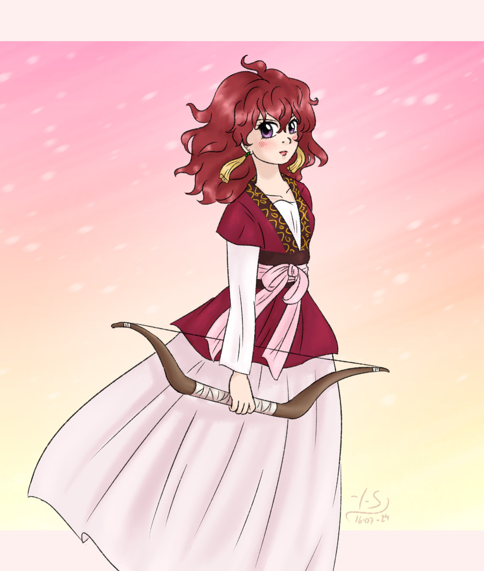 Drawing of Princess Yona. She's standing in the middle, looking to the viewer with a determined serious face. Her body is half turned to her left. The wind is blowing her hair and clothes. She's holding a bow down with her extended side in front of her skirt.