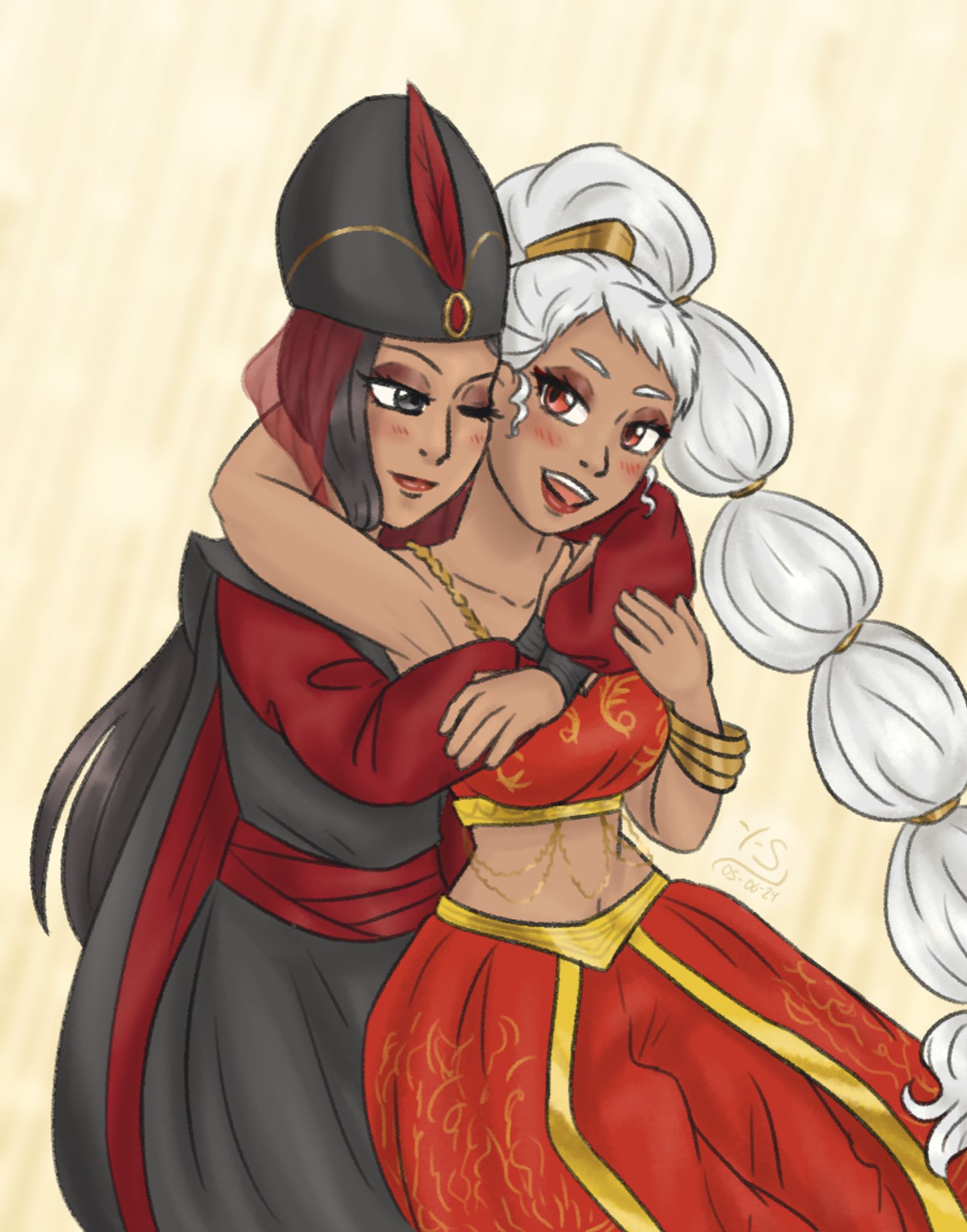 Art of a female version of Jamil and Kalim  from Twisted Wonderland. Jamil is hugging Kalim from behind and Kalim is hugging her back with a raised backwards arm around Jamil's neck. They're wearing Jafar and Jasmine like outfits, but Jasmine's a red version.