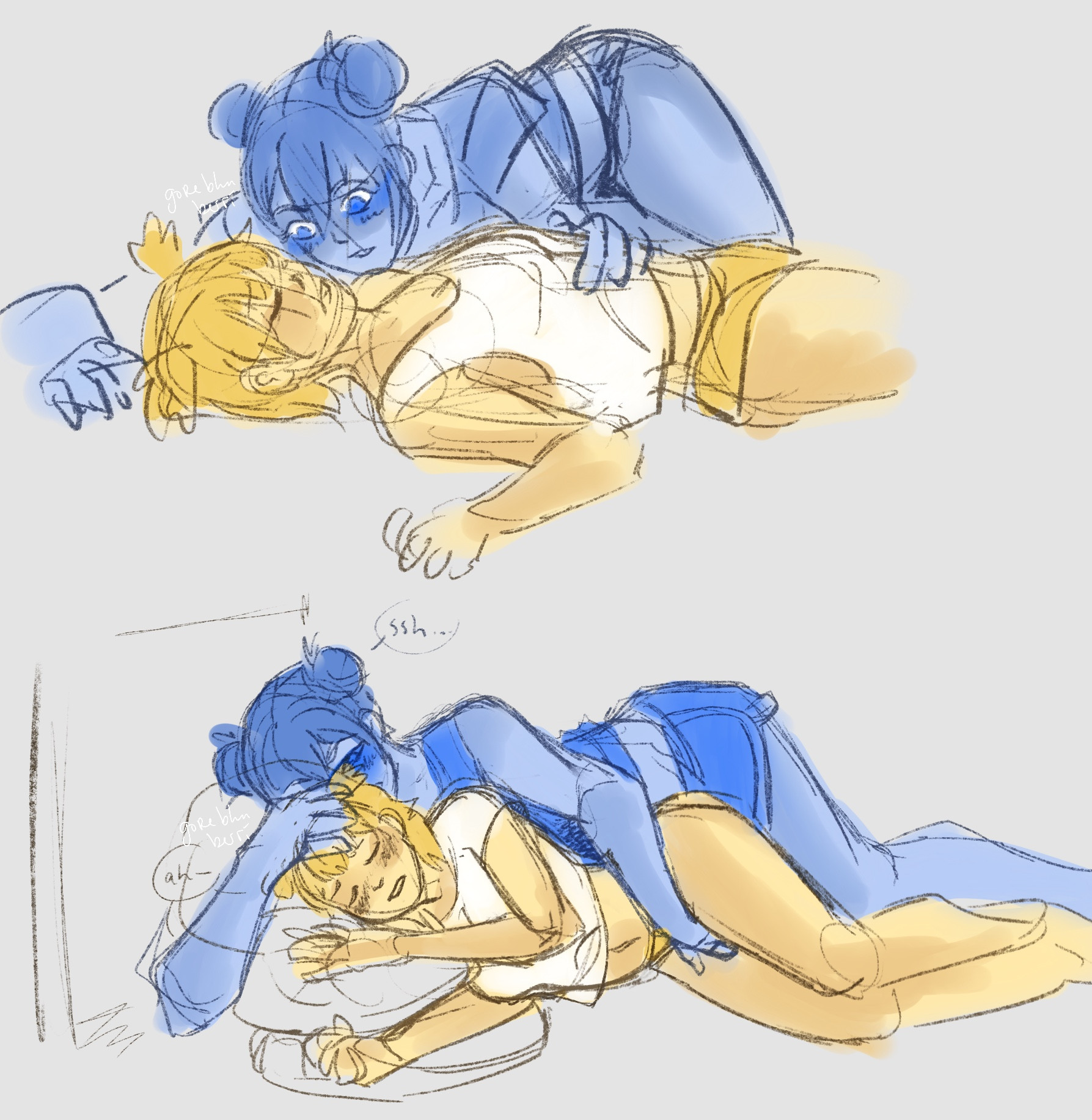 Two digital doodles of the Kotobukiya Bishoujo designs of Optimus and Bumblebee. They’re having a sleepover of sorts, and Optimus is creeping up on sleepy Bee. She’s touching and holding Bee from behind, groping her and shushing her so she stays asleep and doesn’t panic. 