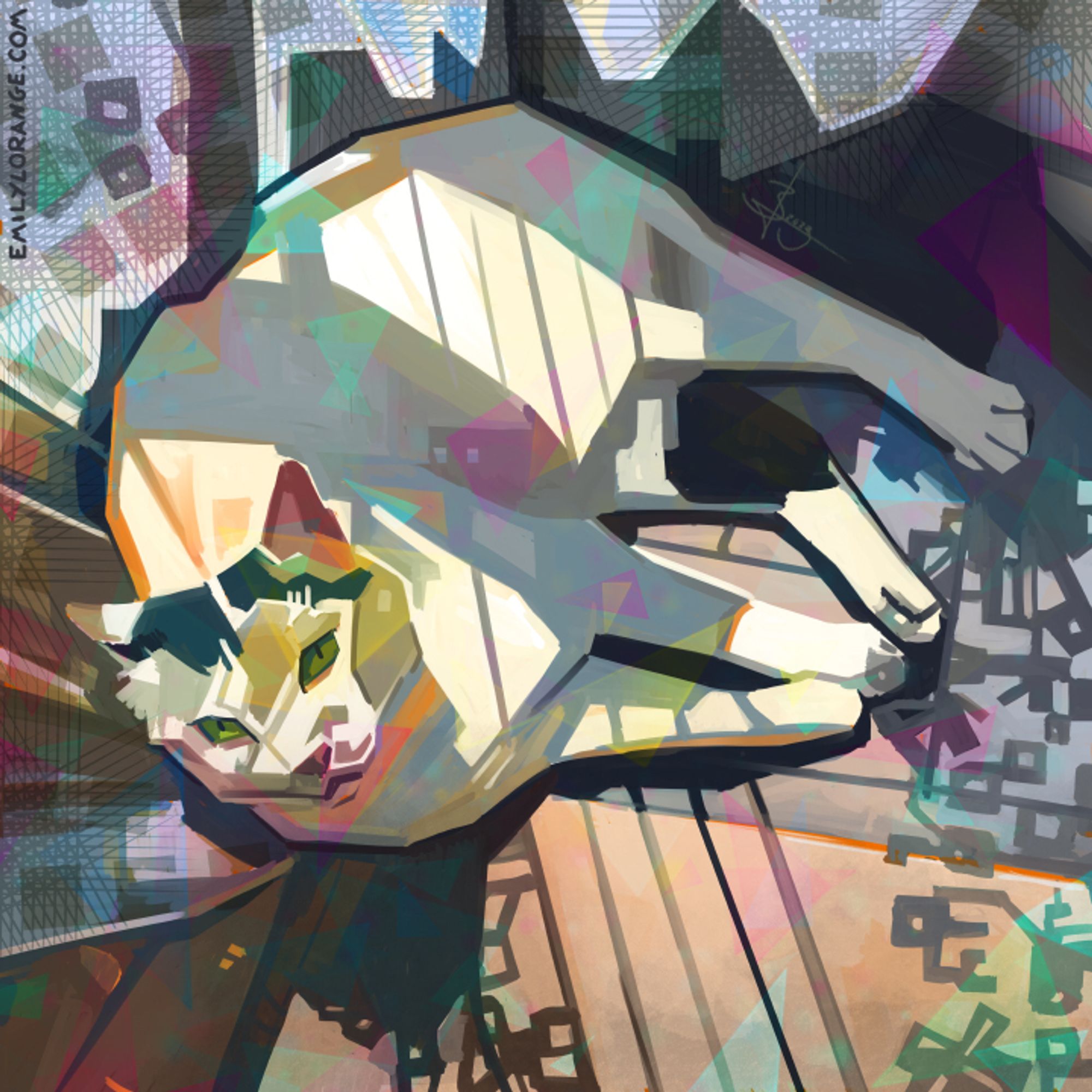 a digial painting of a cat lying in a sunbeam, on what appears to be a patio. the door and curtains it is laying against is casting floral shadows around it. the cat looks up at the viewer, mostly white with black spots. the image has been abstracted such that everything is made of square and linear shapes.