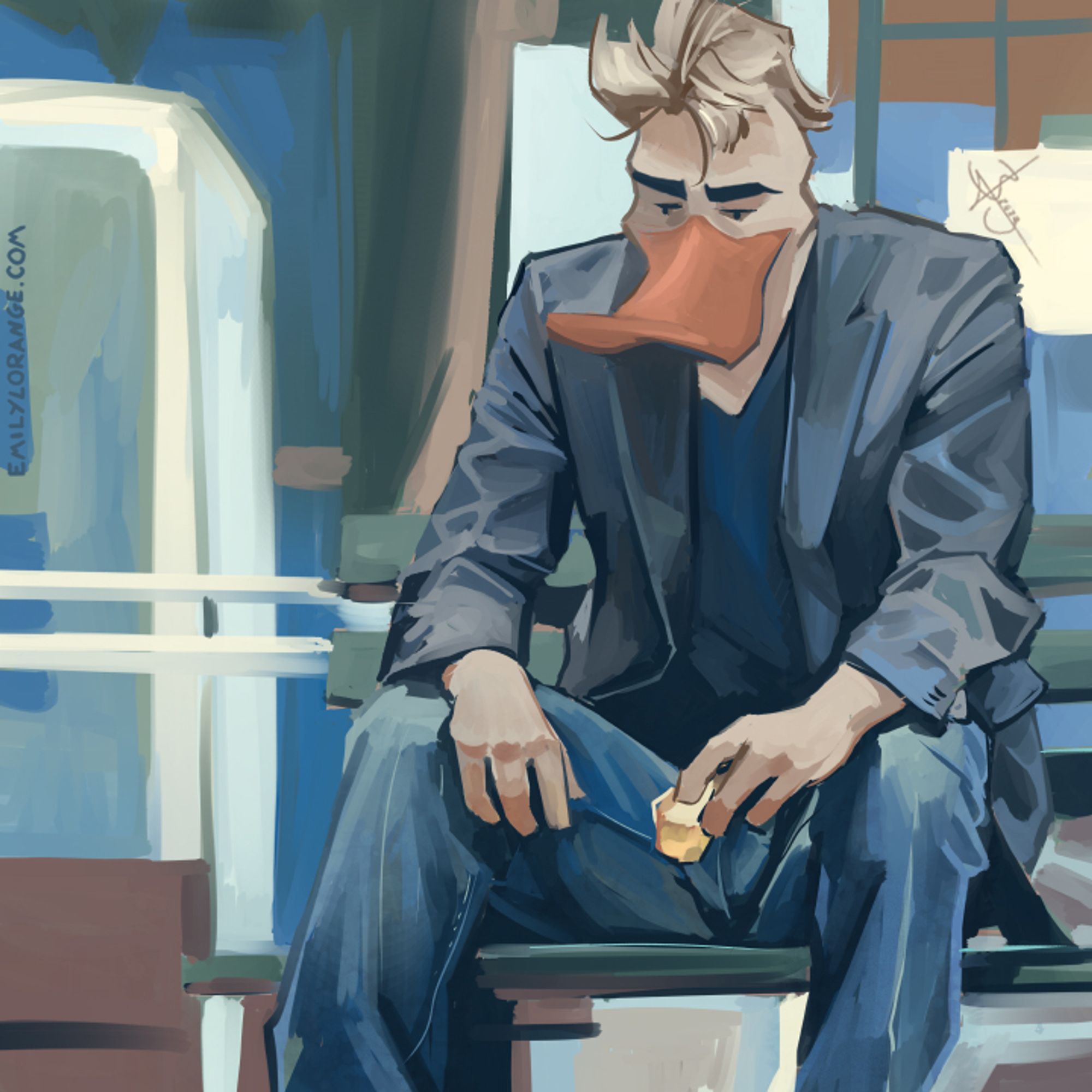 a digital painting of an anthropomorphic duck. the painting is overall full of cool colors, blues and muted oranges and greys. he is sitting on a bench, holding a piece of bread in a hand. he is wearing a gray blazer with a blue tshirt, and blue jeans. he is staring distantly at the ground, and his elbows rest on his legs so that he is hunched over