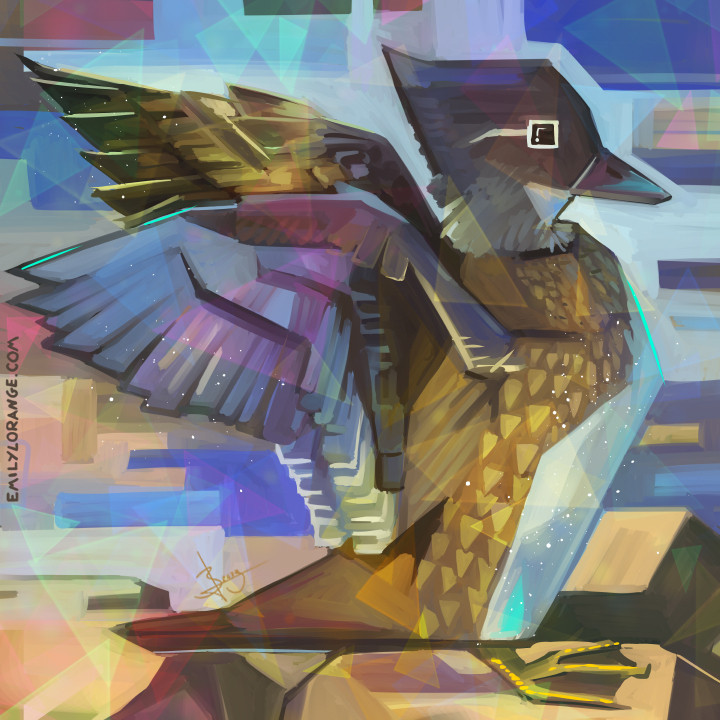 an abstracted digital painting showing a mandarin duck flapping her wings