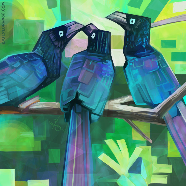 an abstracted geometeric painting of three smooth billed ani's sitting on a branch