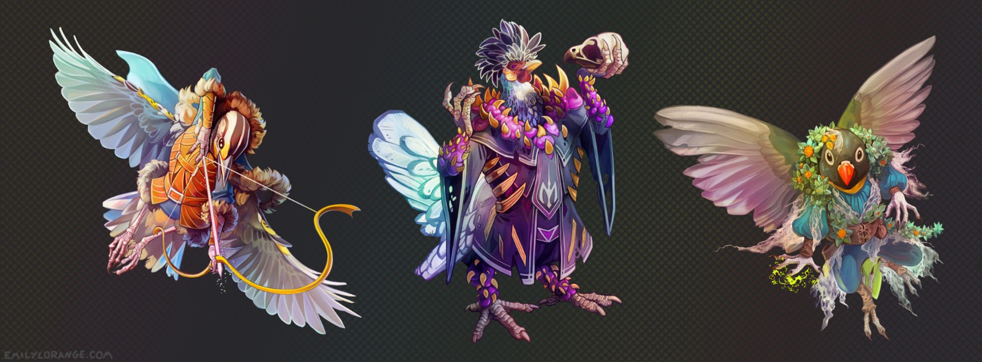 a collection of three characters, painted in full. they are avian, fantasy creatures that are reminiscent of character classes. on the left is a lark with wings spread why and a bow and arrow in his hands, wearing leather and fur. in the center is a chicken holding a raptorin skull, in torn robes of purple and teeth. the right is a lovebird, wearing clothes of cobweb, leaves, and flowers.