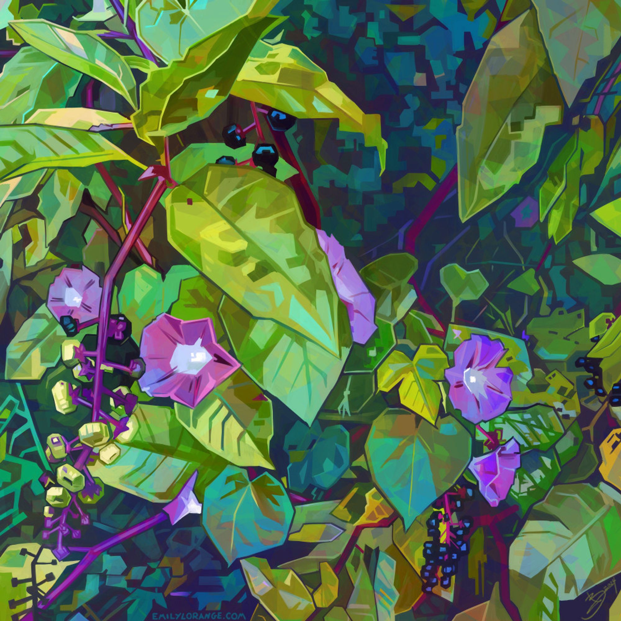 a square digital painting, showing a collection of growing flowers, leaves, and berries. the image has been abstracted, such that the colors are very saturated, and the shapes have been made more square and linear than is likely true. the main focus of the image is a collection of bright purple flowers, surrounded in the foreground by yellow-green leaves in sunlight, with purple vines between. dotted around are green and black collections of berries with blue reflections of sky. the background is blue-green shapes that suggest foliage.