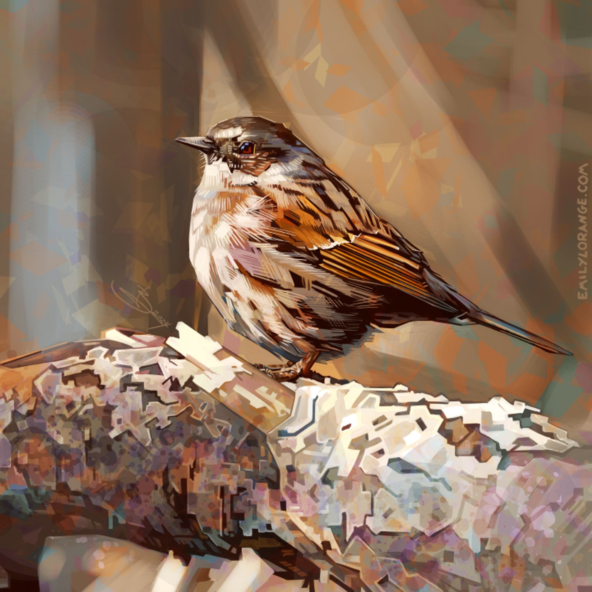 a digital painting of a bird sitting on a log. it is a square painting, and he is almost perfectly centered, sitting in profile to the viewer, facing to the left, where the lightsource seems to be. the log has rough bark. the bird has a white underbelly, a short pointy peak, a very round stature, and a short tail. his body is covered in dark brown stripes, his backside is a rusty brown, and his eye is a stark red. the painting is almost entirely shades of brown, white, red, and orange around him, with hints of grey and blue.