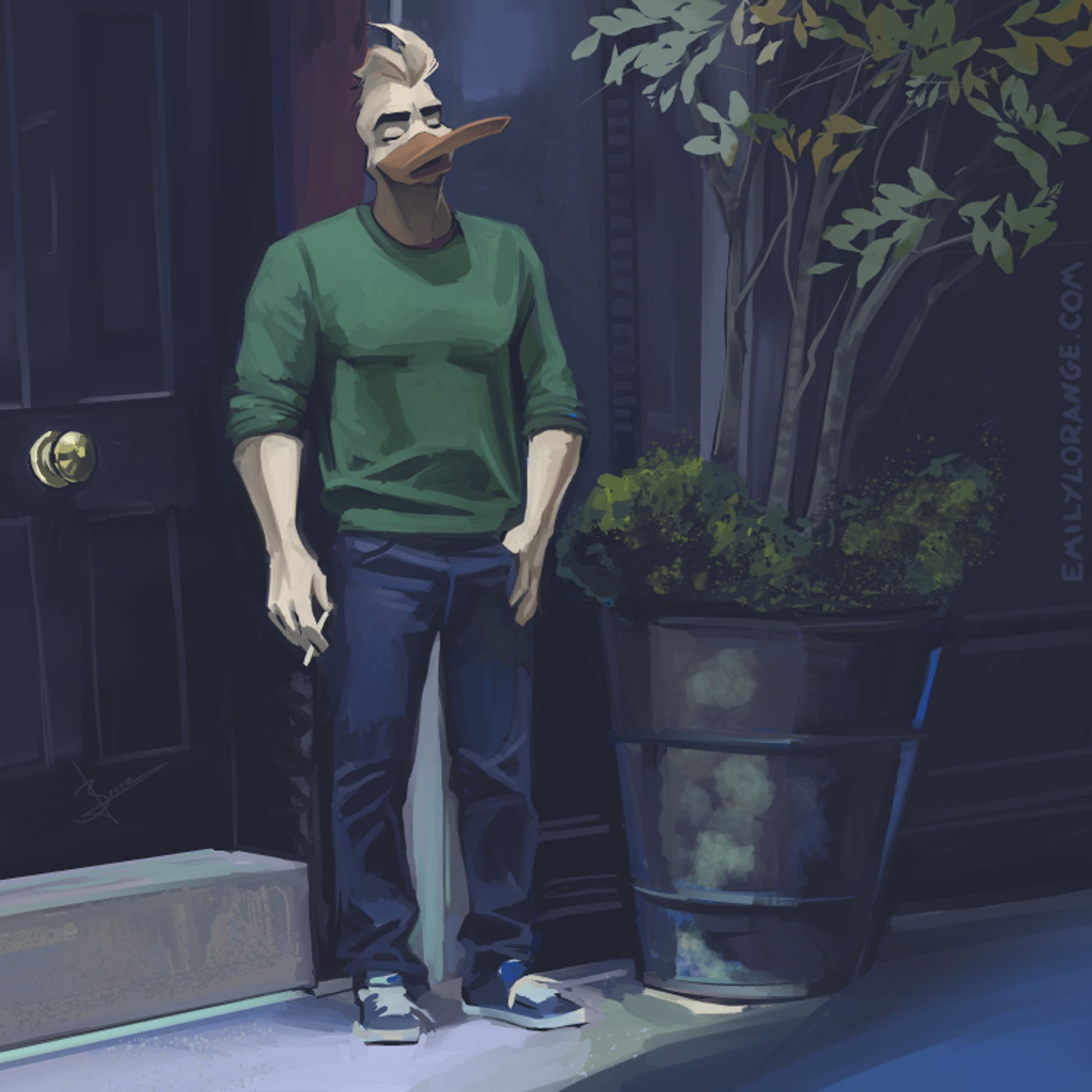 a digital painting that of an anthropomorphic duck standing outside, next to a doorway on one side and a potted plant on the other. his eyes are closed, one hand in his jeans pocket and the other holding a cigarette. the image is mostly rendered in blues, and appears to be a spoof of a popular ben affleck photo.