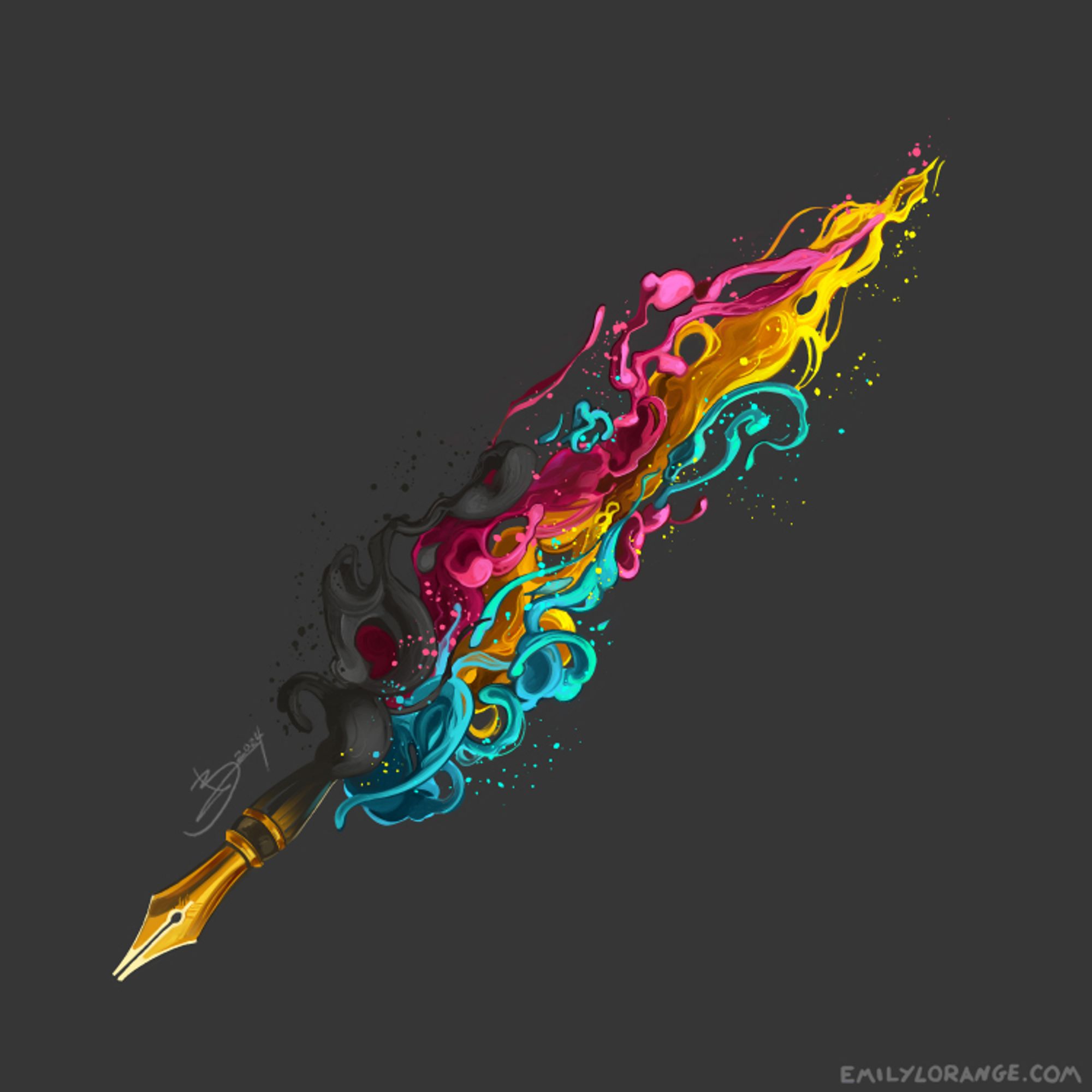 a digital painting of a fantasy sword, tilted so that the bottom is in the lower left corner, and the top the upper right. this word has a hilt made of the nib of a fountain pen, clean and gleaming gold. the 'blade' appears to be made entirely of swirls of paint or ink, in distinct patches and trails of CYMK.