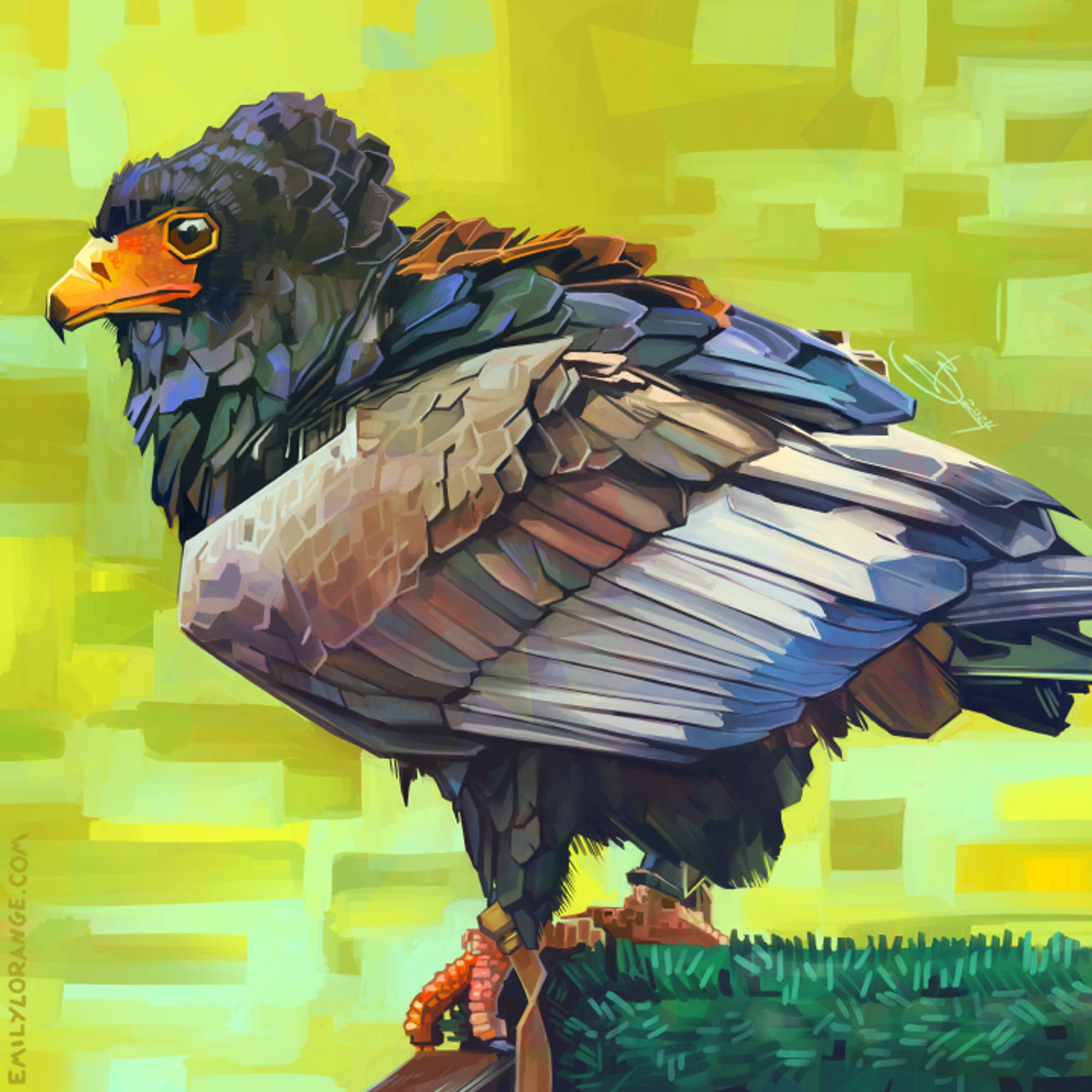 A somewhat stylized and abstracted digital painting of a bird of prey sitting on a astroturf perch. he is seen in profile, pointed to the viewer's left. his face is orange, his had and back black, his wings tan, with a strong white stripe, tipped with black. there's a leather thong that ties the bird's feet to the perch. the background is a bright lime green made up of square shapes.