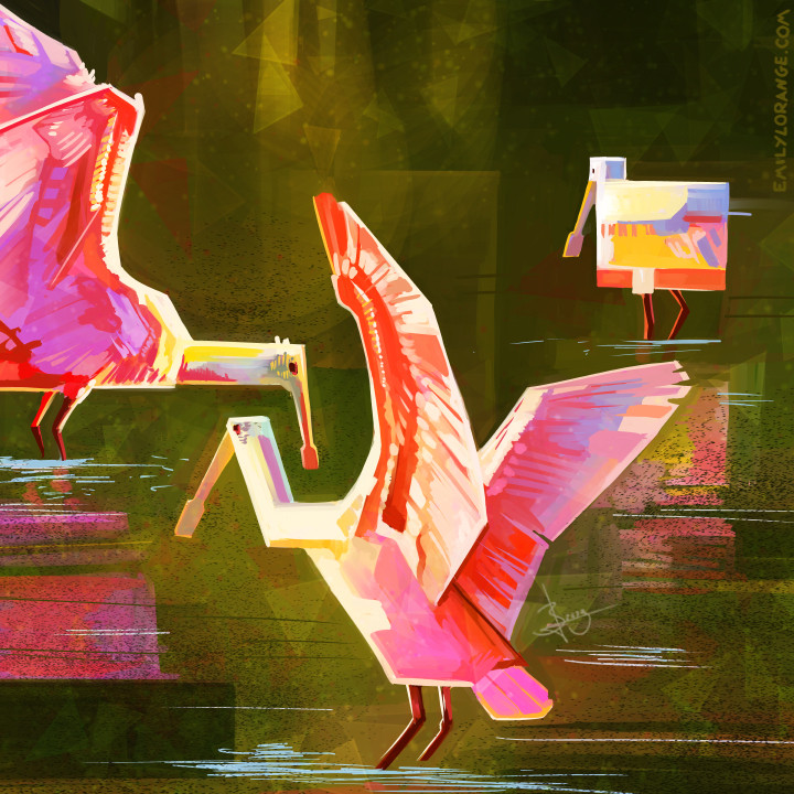 an abstracted geometeric painting of three spoonbills in sunlight, wading in water