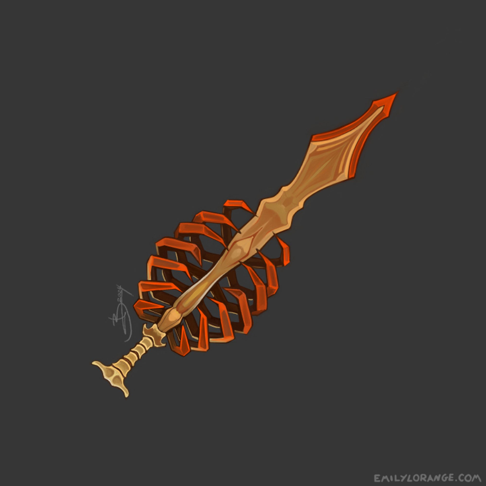 a digital painting of a fantasy sword, tilted so that the bottom is in the lower left corner, and the top the upper right. this sword appears to be made of bone. the hilt resembles vertebrae, and the guard is very reminiscent of bright red ribs. the blade itself is positioned like the sternum, coming to a short bony point at the base of the ribcage.