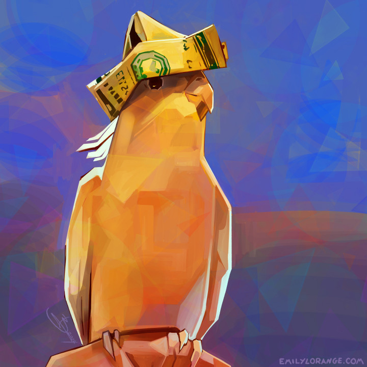 a digital painting of a white cockatiel sitting on a finger in front of a blue background. the colors are very saturated, such that he is painted in shades of yellow and orange. he appears proud of happy, and on his head someone has placed a dollar bill that has been folded into a hat