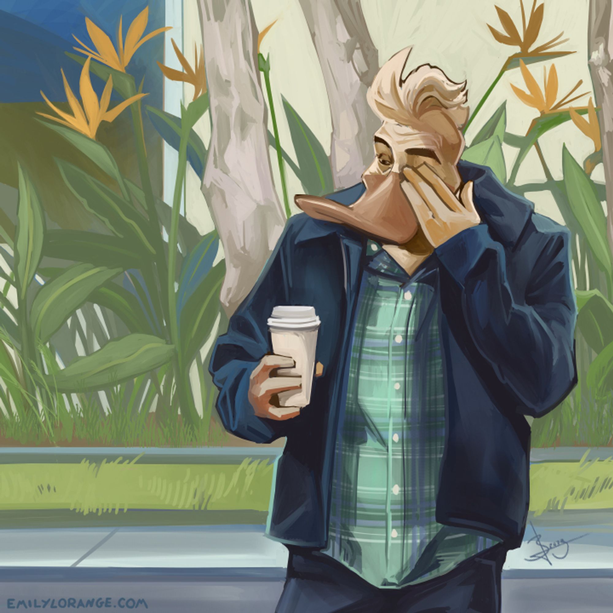 a digital painting of an anthropomorphic duck, drawn from about the hips up. he appears to be crossing a street while rubbing tired out of his eyes with one hand, a to-go cup of coffee in the other. he wears a rumpled jacket and a plaid button-up shirt that hasn't been tucked in. in the background trees, cut grass, and bird of paradise plants can be seen growing.