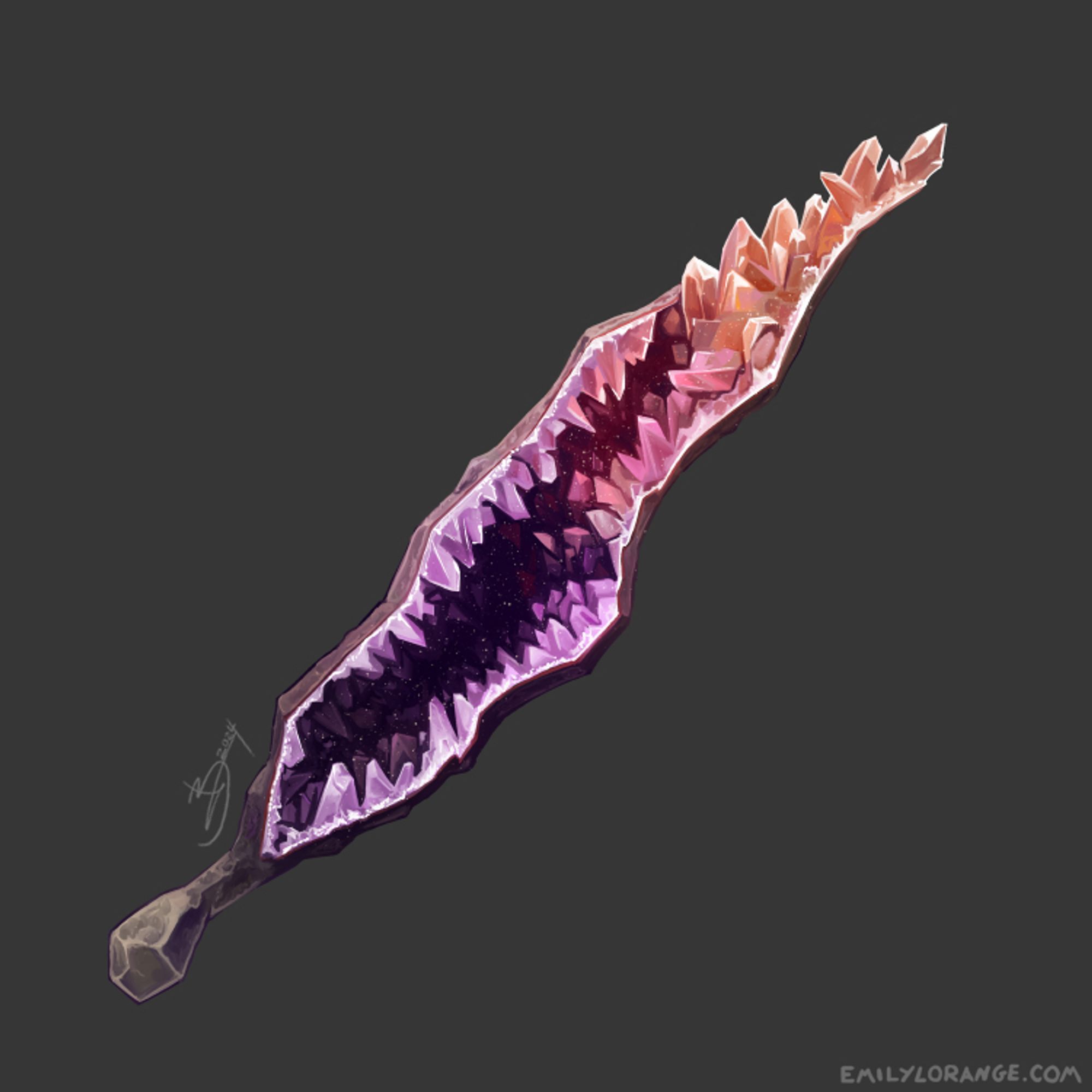 a digital painting of a fantasy sword, tilted so that the bottom is in the lower left corner, and the top the upper right. this sword appears to be made entirely of stone, with a rough hilt, and the entire blade splitting open to reveal a geode. the crystals inside run from purple at the handle through pink to orange at the top, where they spill out and are exposed, resembling teeth.