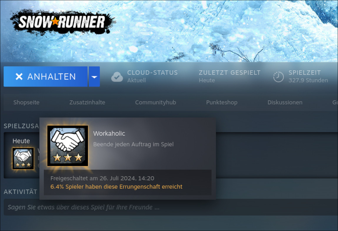 Auszug aus Steam - Snowrunner mit dem Achievement "Workoholic - Beende jeden Auftrag im Spiel"