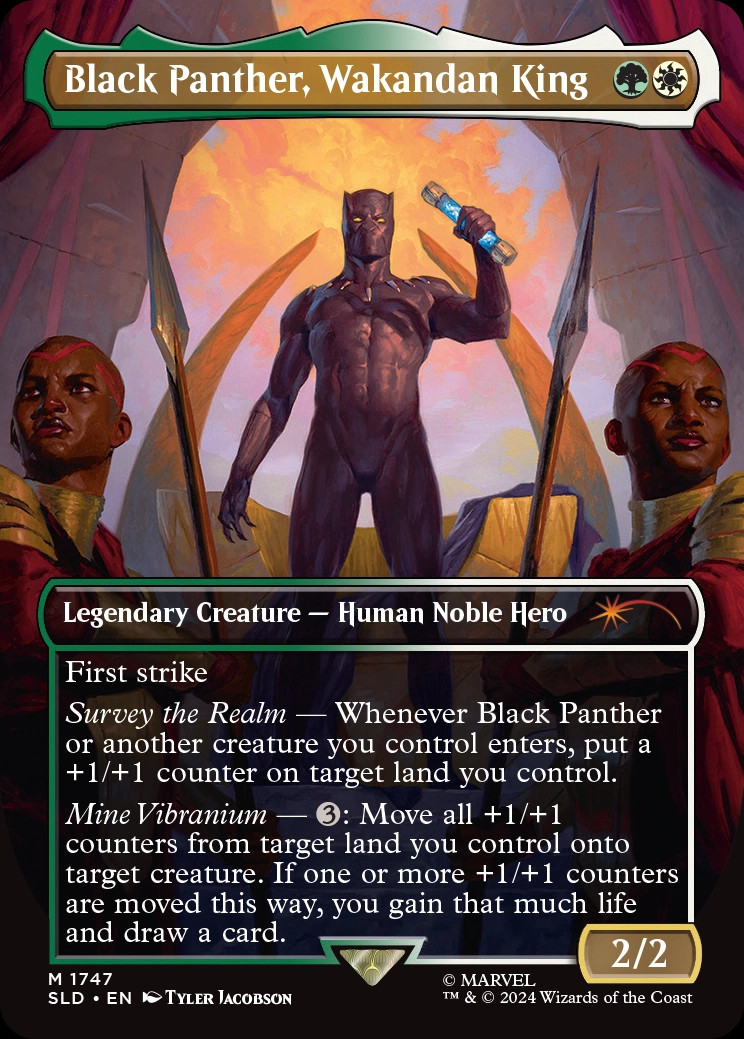 MTG card for Black Panther, Wakandan King, costs one white and one green mana and is a legendary human noble hero 2/2 with first strike and "whenever black panther or another creature enters put a +1/+1 counter on a land" and "for 3 mana move all +1/+1 counters from a land to a creature and if more than one are moved gain that much life and draw a card"