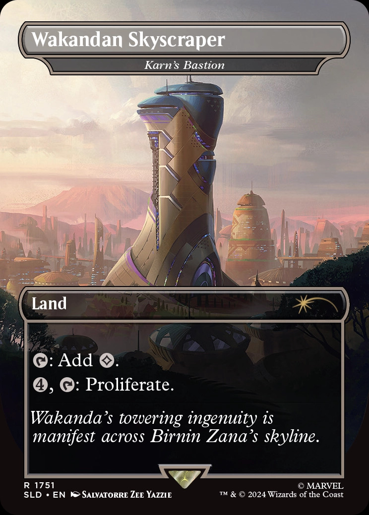 MTG card Wakandan Skyscraper, a land with "tap to add 1 colourless mana" and "4 mana and tap to proliferate counters"