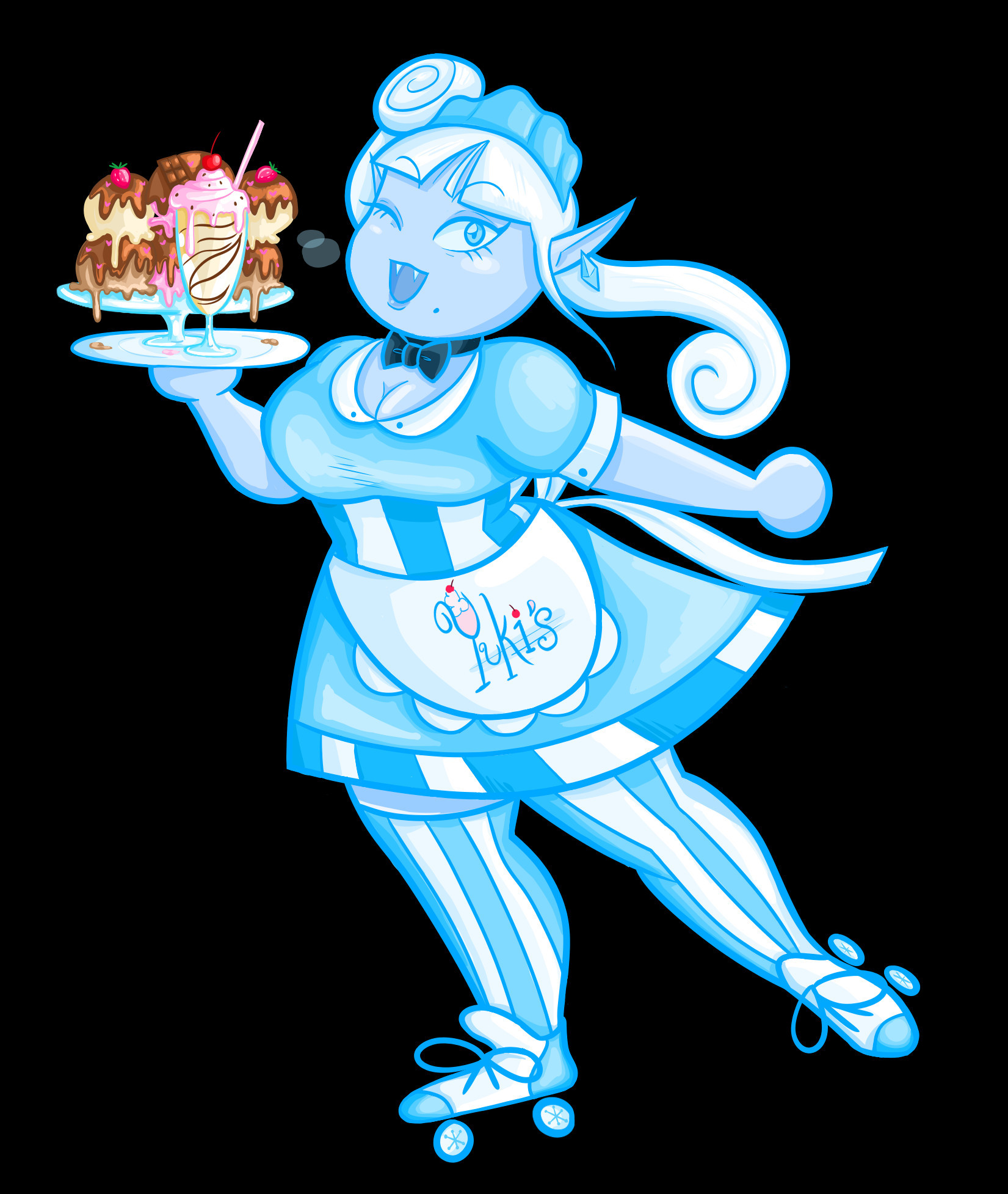 Yuki the blue skinned yuki-onna dressed in a waitress uniform and roller skates while holding a big tray of ice cream