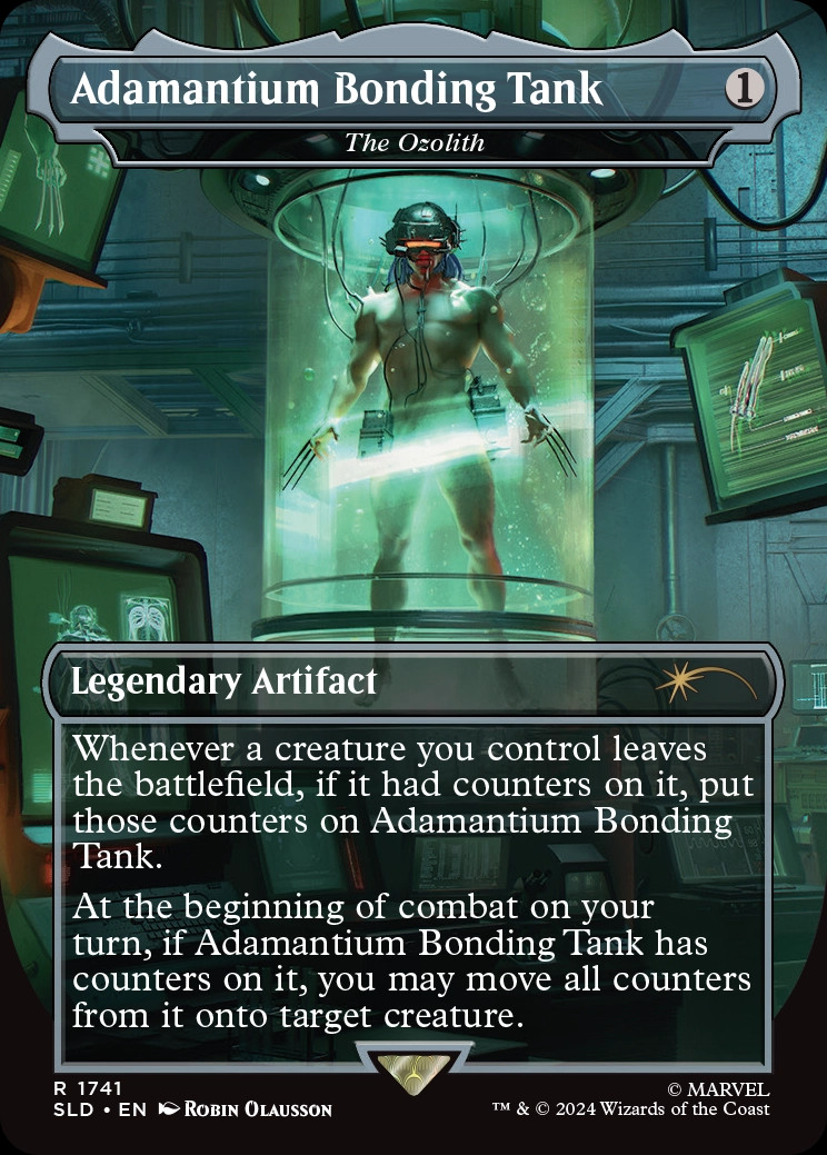 Adamantium Bonding Tank mtg card, 1 colourless mana, legendary artifact with "whenever a creature you control leaves the battlefield, put those counters on Adamantium Bonding Tank" and "at the beginning of combat on your turn if adamantium bonding tank has counters on it you may move all counters from it to target creature"