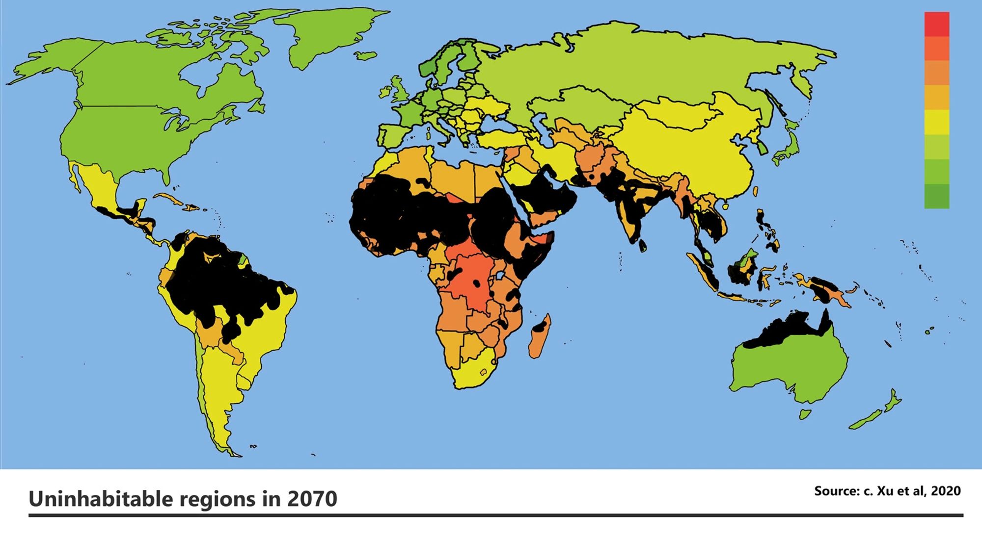 Eine Karte mit den unbewohnbaren Zonen der Erde, Mittelamerika, Amazonasgebiet, nahezug ganze Westafrika, große Teile Indiens, Indochins und Indonesiens, und noch mehr...