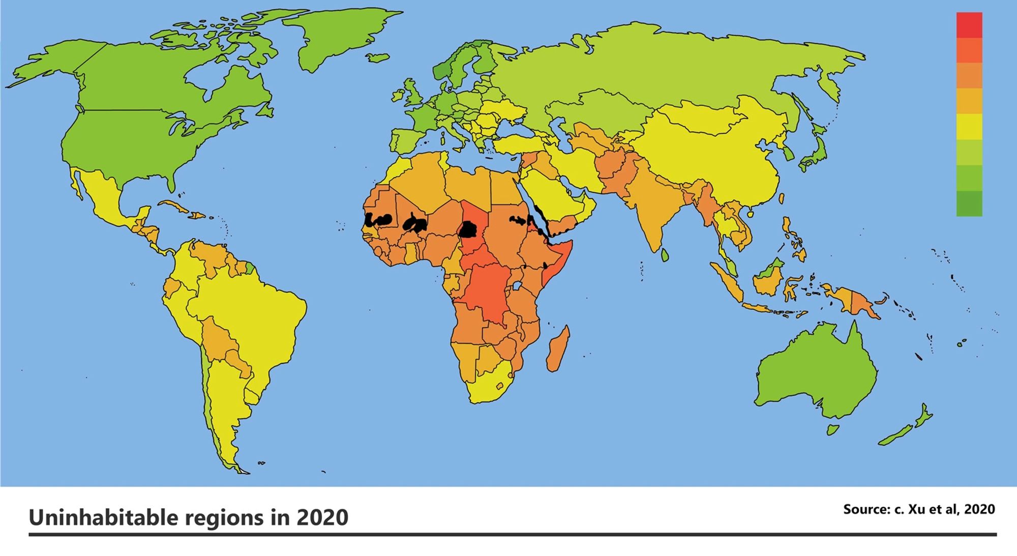 Eine Karte mit den unbewohnbaren Zonen der Erde 2020, fast nur Afrika nördlich des Äquators