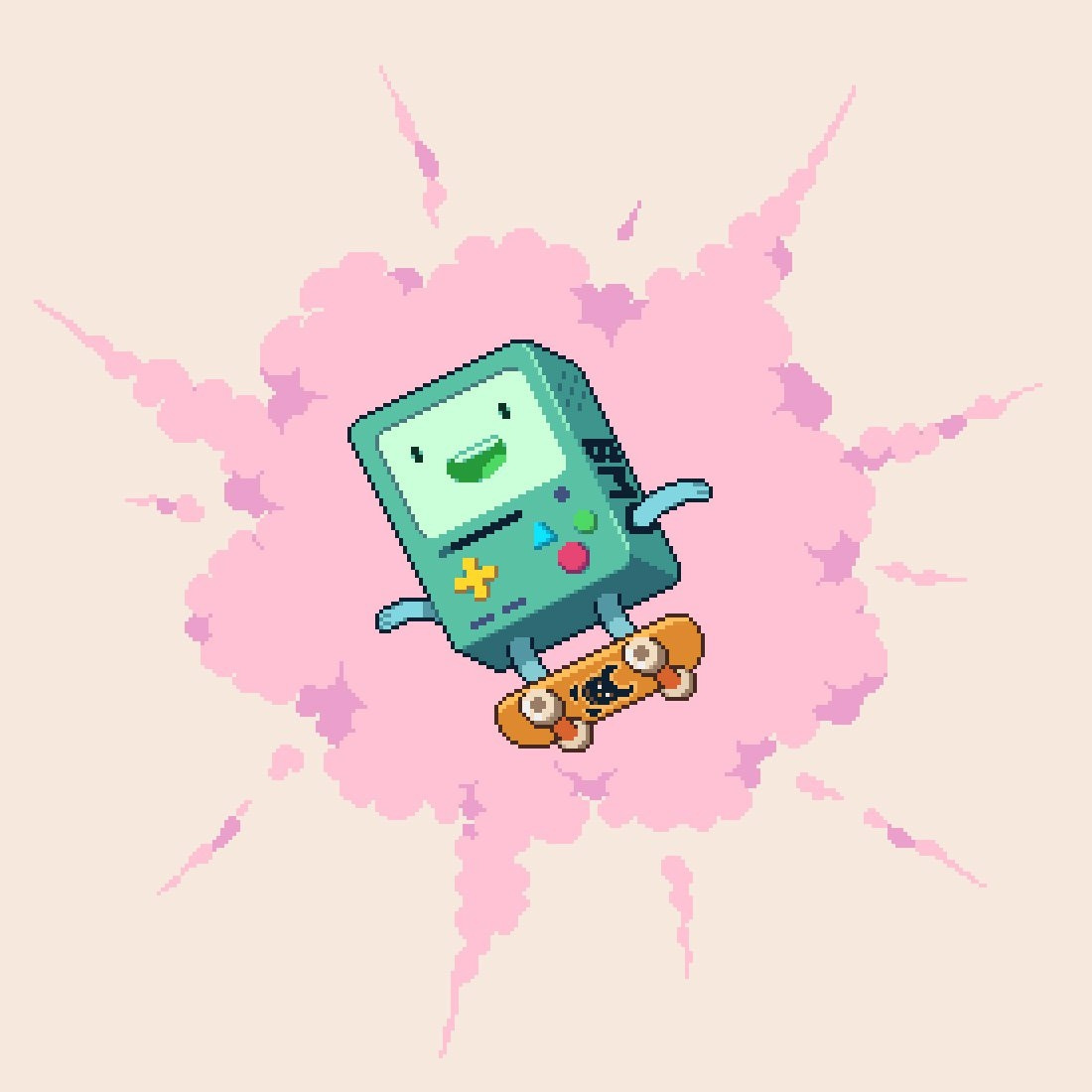 pixel art illustration of BMO from adventure time on a skateboard in the air with an explosion behind them, inspired from Adventure time season 5 episode 33; Time Sandwich