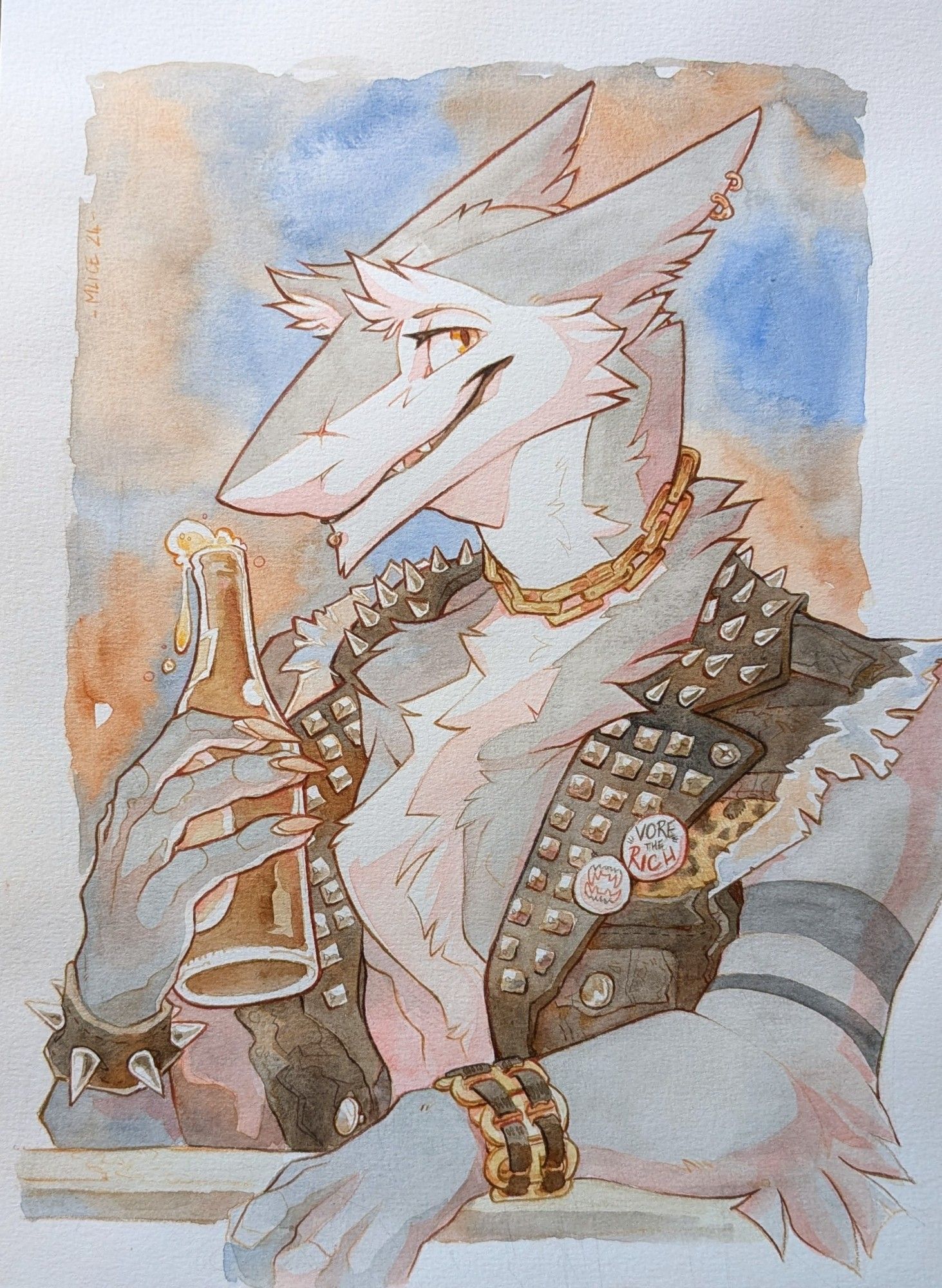 Watercoloured bust of a punk sergal drinking a bottle of beer