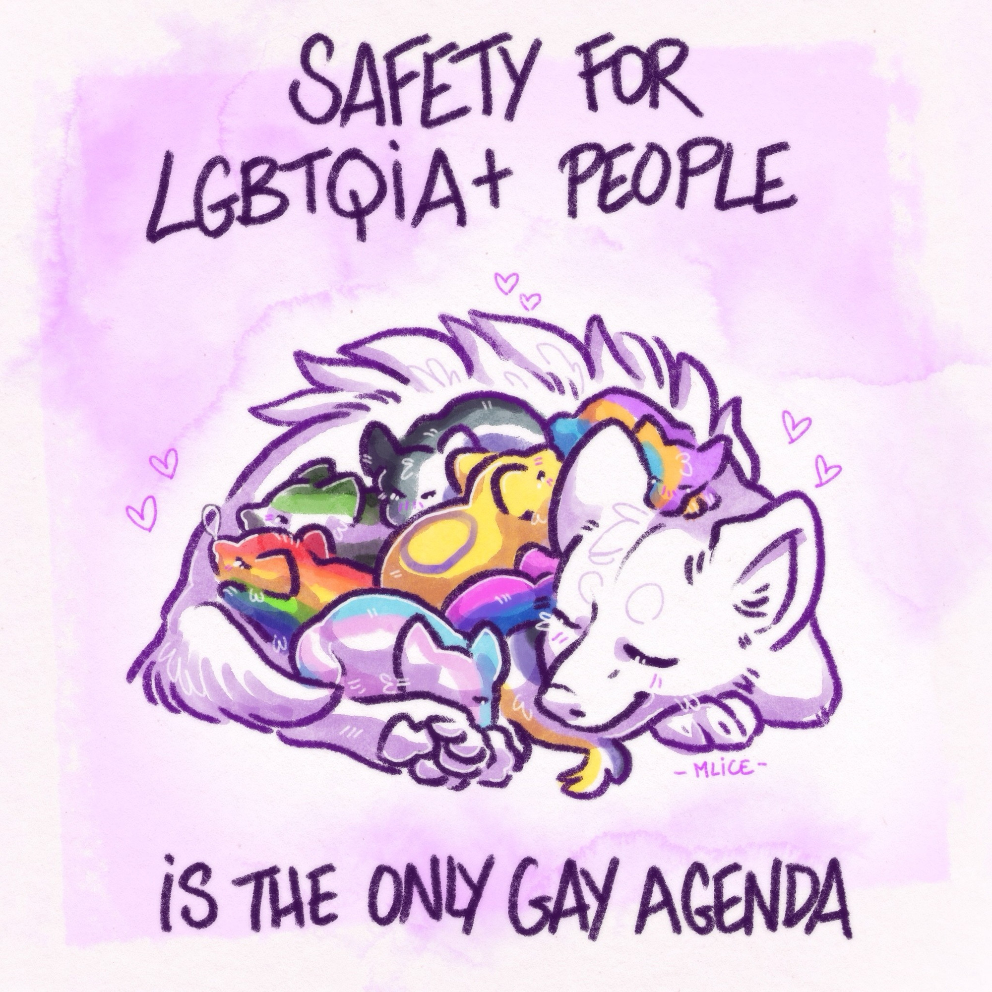 Digital art of a hyena parent surrounding their pups ; each of them represents a flag of the LGBTQIA+ umbrella. It's written around "Safety for LGBTQIA+ people is the only gay agenda"