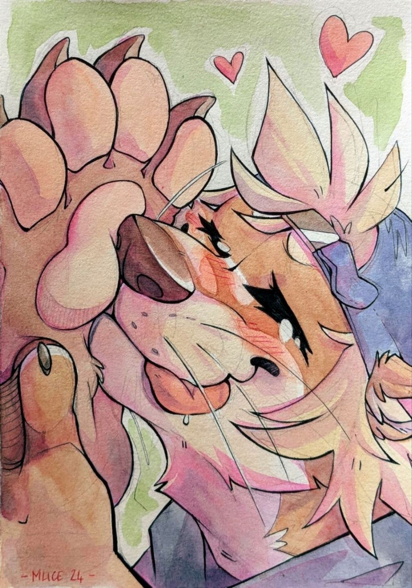 Watercolour art of an anthro otter sniffing a pawfoot with round pink pawpads