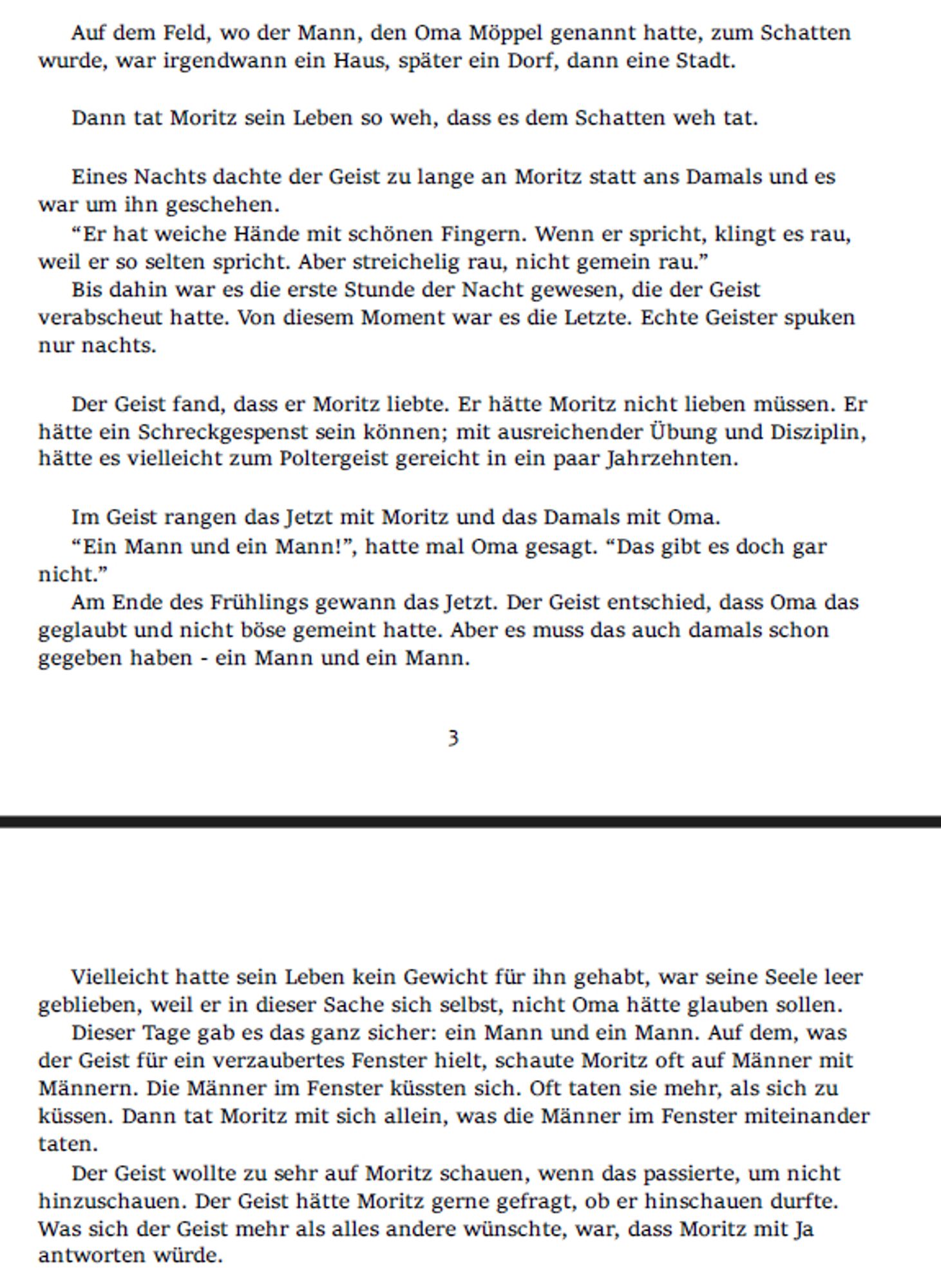 Auf dem Feld, wo der Mann, den Oma Möppel genannt hatte, zum Schatten wurde, war irgendwann ein Haus, später ein Dorf, dann eine Stadt.

Dann tat Moritz sein Leben so weh, dass es dem Schatten weh tat.

Eines Nachts dachte der Geist zu lange an Moritz statt ans Damals und es war um ihn geschehen.
“Er hat weiche Hände mit schönen Fingern. Wenn er spricht, klingt es rau, weil er so selten spricht. Aber streichelig rau, nicht gemein rau.”
Bis dahin war es die erste Stunde der Nacht gewesen, die der Geist verabscheut hatte. Von diesem Moment war es die Letzte. Echte Geister spuken nur nachts.

Der Geist fand, dass er Moritz liebte. Er hätte Moritz nicht lieben müssen. Er hätte ein Schreckgespenst sein können; mit ausreichender Übung und Disziplin, hätte es vielleicht zum Poltergeist gereicht in ein paar Jahrzehnten.

Im Geist rangen das Jetzt mit Moritz und das Damals mit Oma.
“Ein Mann und ein Mann!”, hatte mal Oma gesagt. “Das gibt es doch gar nicht.”
Am Ende des Frühlings gewann das Jetzt. Der Geist entschied, dass Oma das geglaubt und nicht böse gemeint hatte. Aber es muss das auch damals schon gegeben haben - ein Mann und ein Mann.
Vielleicht hatte sein Leben kein Gewicht für ihn gehabt, war seine Seele leer geblieben, weil er in dieser Sache sich selbst, nicht Oma hätte glauben sollen.
Dieser Tage gab es das ganz sicher: ein Mann und ein Mann. Auf dem, was der Geist für ein verzaubertes Fenster hielt, schaute Moritz oft auf Männer mit Männern. Die Männer im Fenster küssten sich. Oft taten sie mehr, als sich zu küssen. Dann tat Moritz mit sich allein, was die Männer im Fenster miteinander taten.
Der Geist wollte zu sehr auf Moritz schauen, wenn das passierte, um nicht hinzuschauen. Der Geist hätte Moritz gerne gefragt, ob er hinschauen durfte. Was sich der Geist mehr als alles andere wünschte, war, dass Moritz mit Ja antworten würde. 