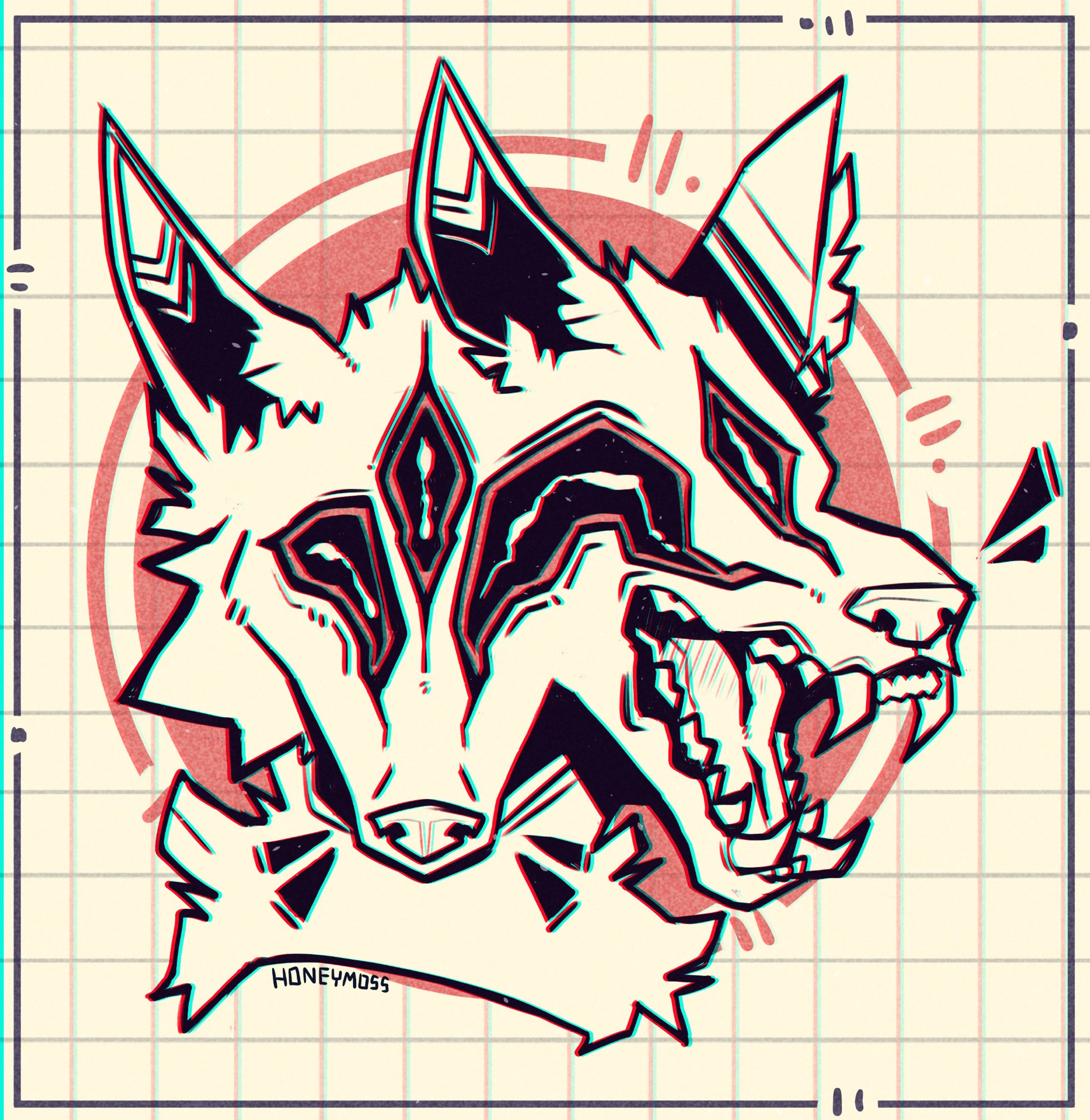 White and red drawing of a wolf head that merges into a second head, the eyes connect and the second head has its mouth open showing its sharp teeth. 