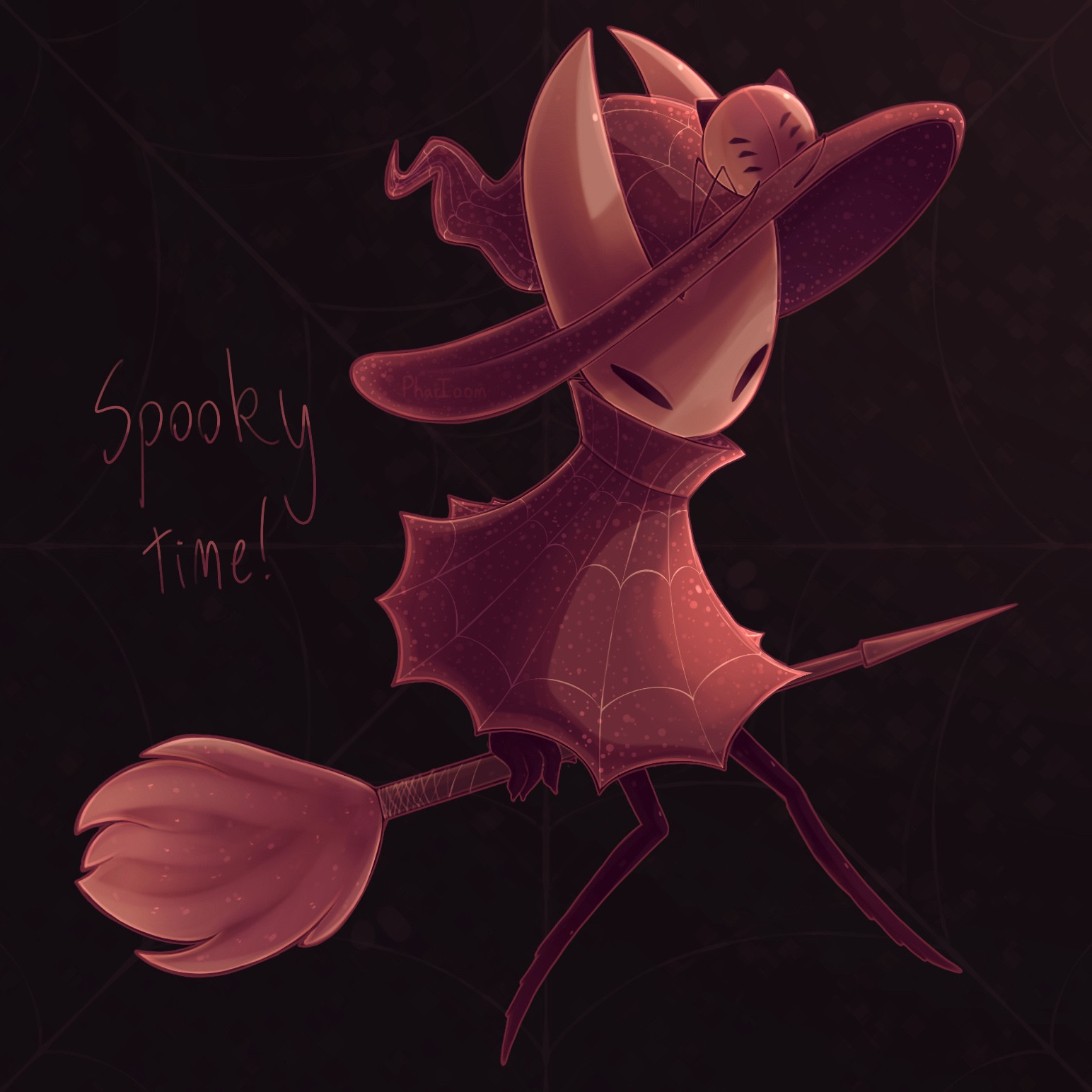 Hornet from Hollow Knight in a witch’s outfit patterned with spider webs.