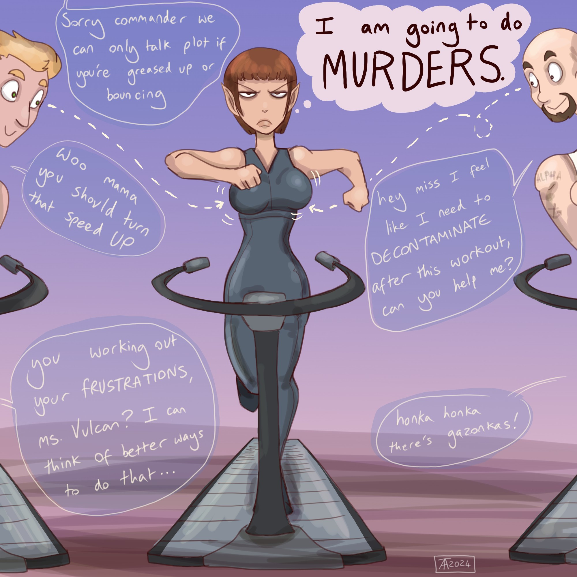 Cartoon of Commander T'Pol from Star Trek: Enterprise exercising on a treadmill. She is being ogled and hassled by gym bros and contemplating hideous revenge.