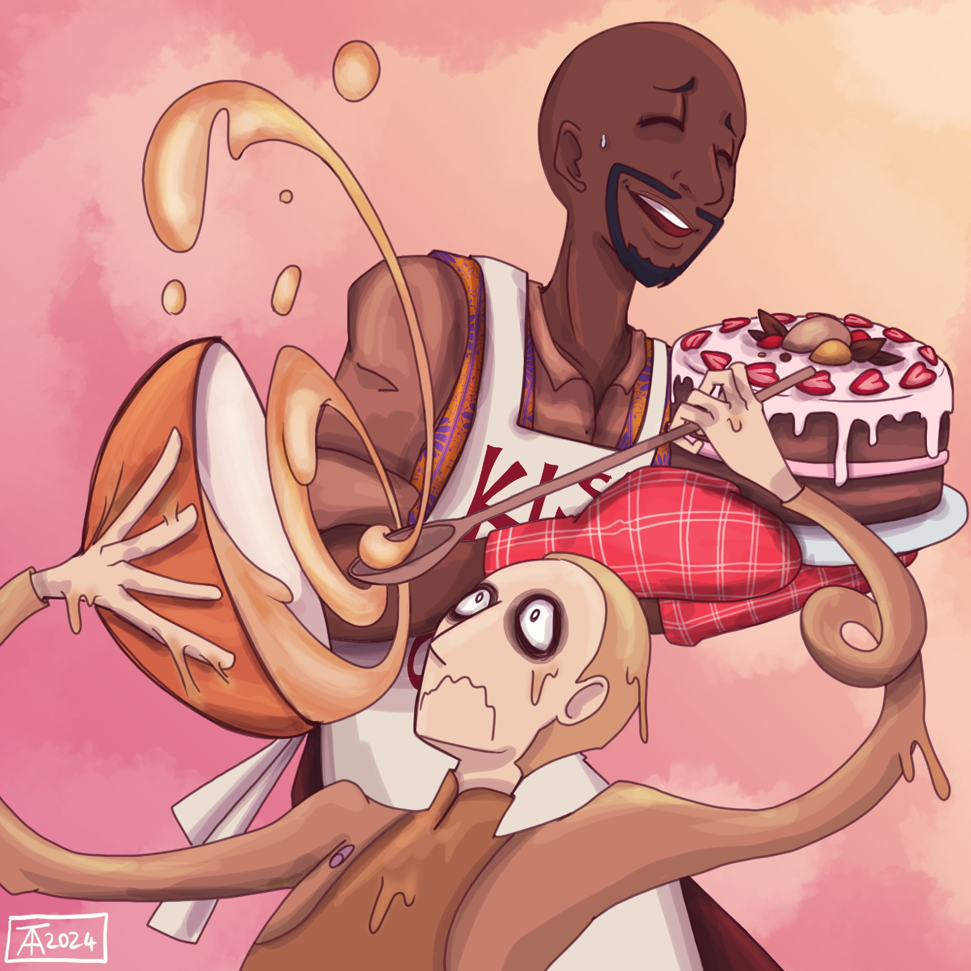 Cartoon of Constable Odo and Captain Sisko from Star Trek DS9. Odo is stirring a bowl of cake mix and it's going everywhere. Sisko is watching with affectionate amusement and mild concern, cradling his own perfect finished cake.