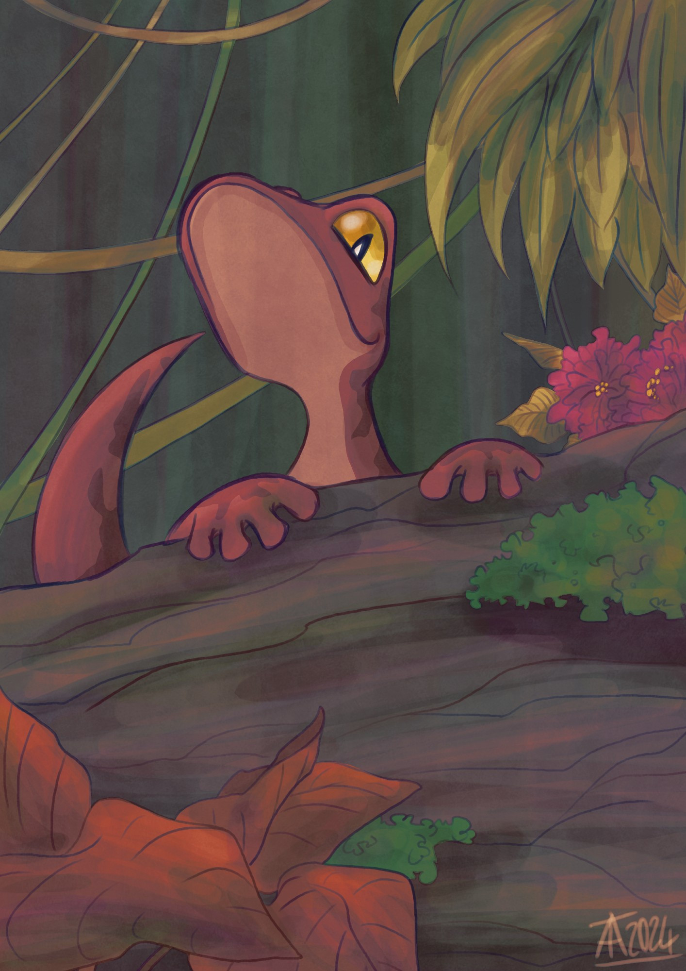 Cartoon picture of a dark pink lizard peering cheekily over a log..