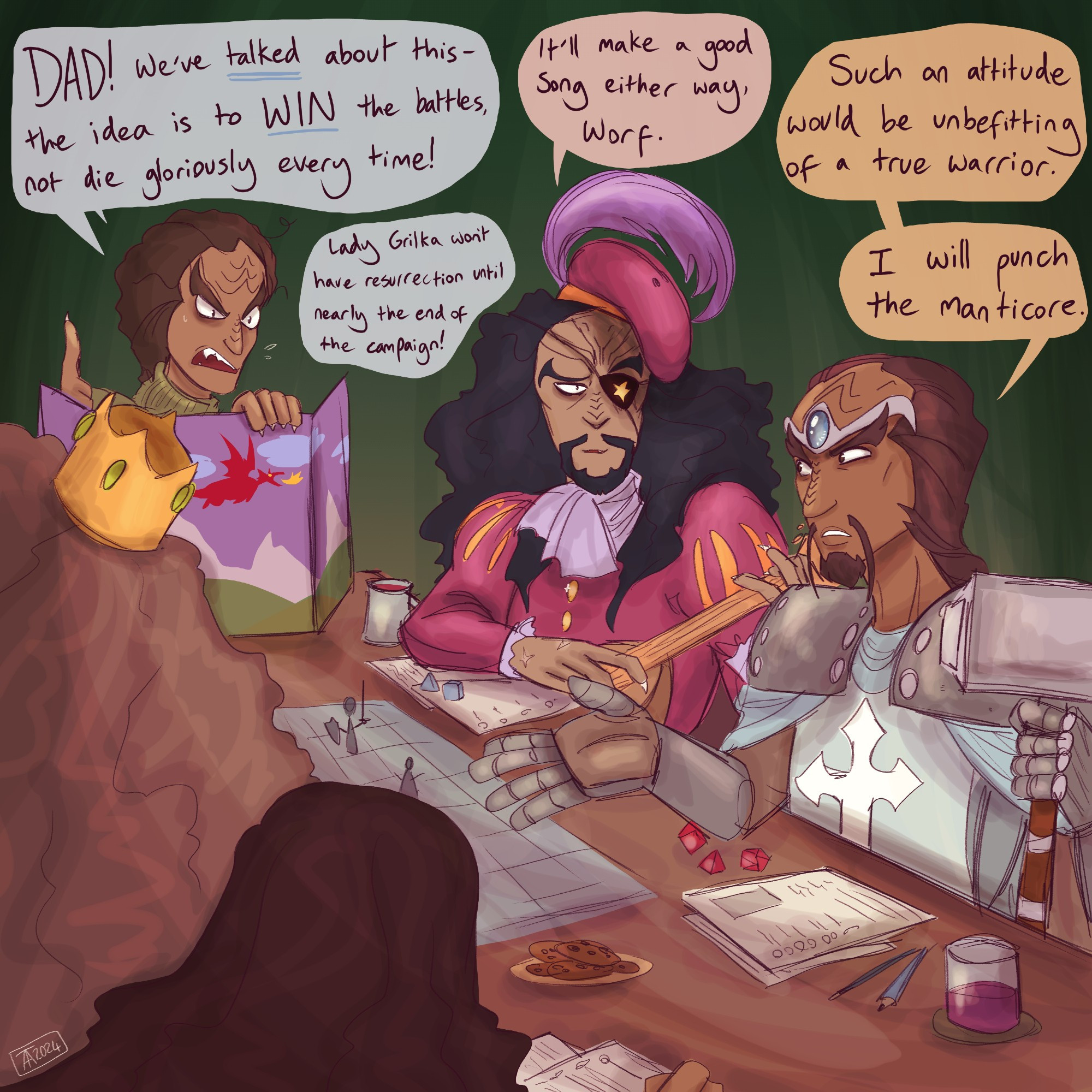 Cartoon picture of klingons playing dungeons and dragons. Worf, as a paladin, is insisting on punching a monster that is far more powerful than him. Alexander is exasperated, and Martok is trying to jolly matters along. They will, somehow, reach epic level eventually in this campaign.