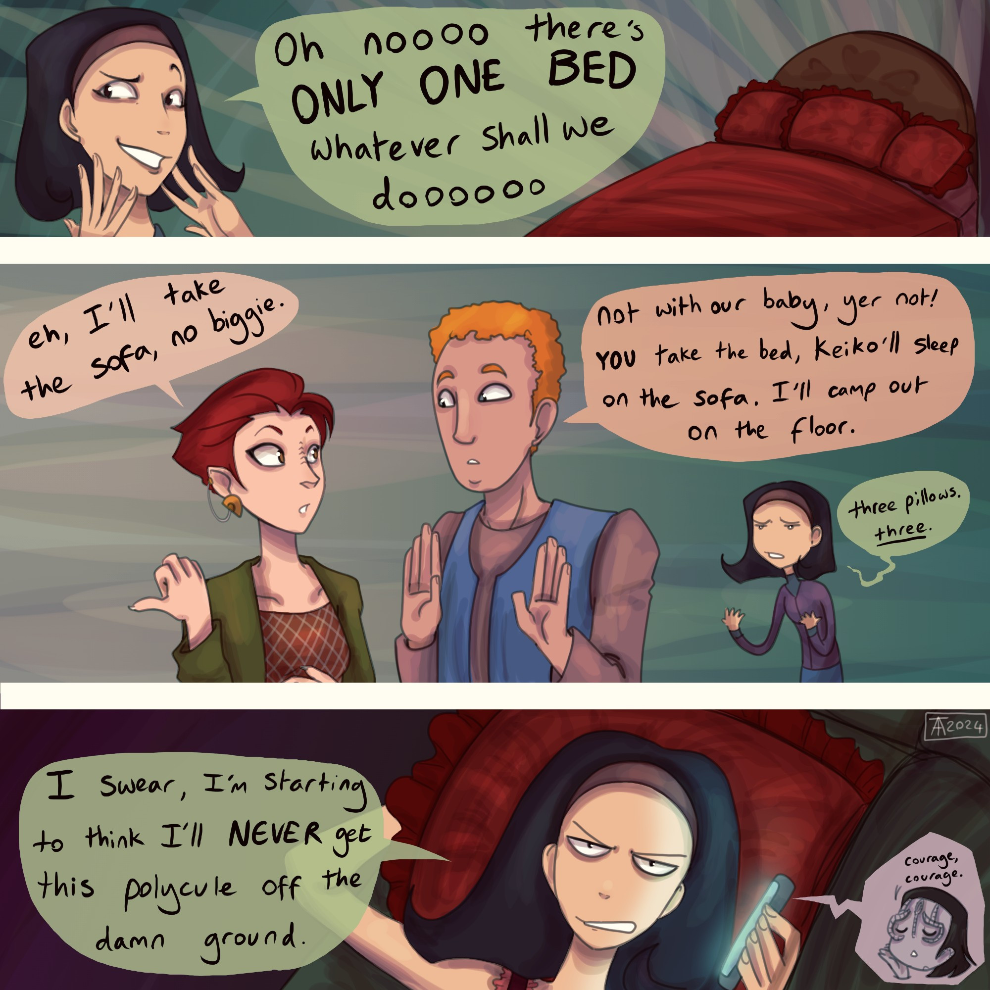 Cartoon of Keiko O'Brien, Miles O'Brien, and Kira Nerys from Star Trek DS9. Keiko is play-acting worrying about only having one bed for three people, and Miles and Kira are being too polite or oblivious to take the hint. Later, Keiko complains on the phone to Garak about her continuing failure to make their section of the DS9 megacule diagram a reality.