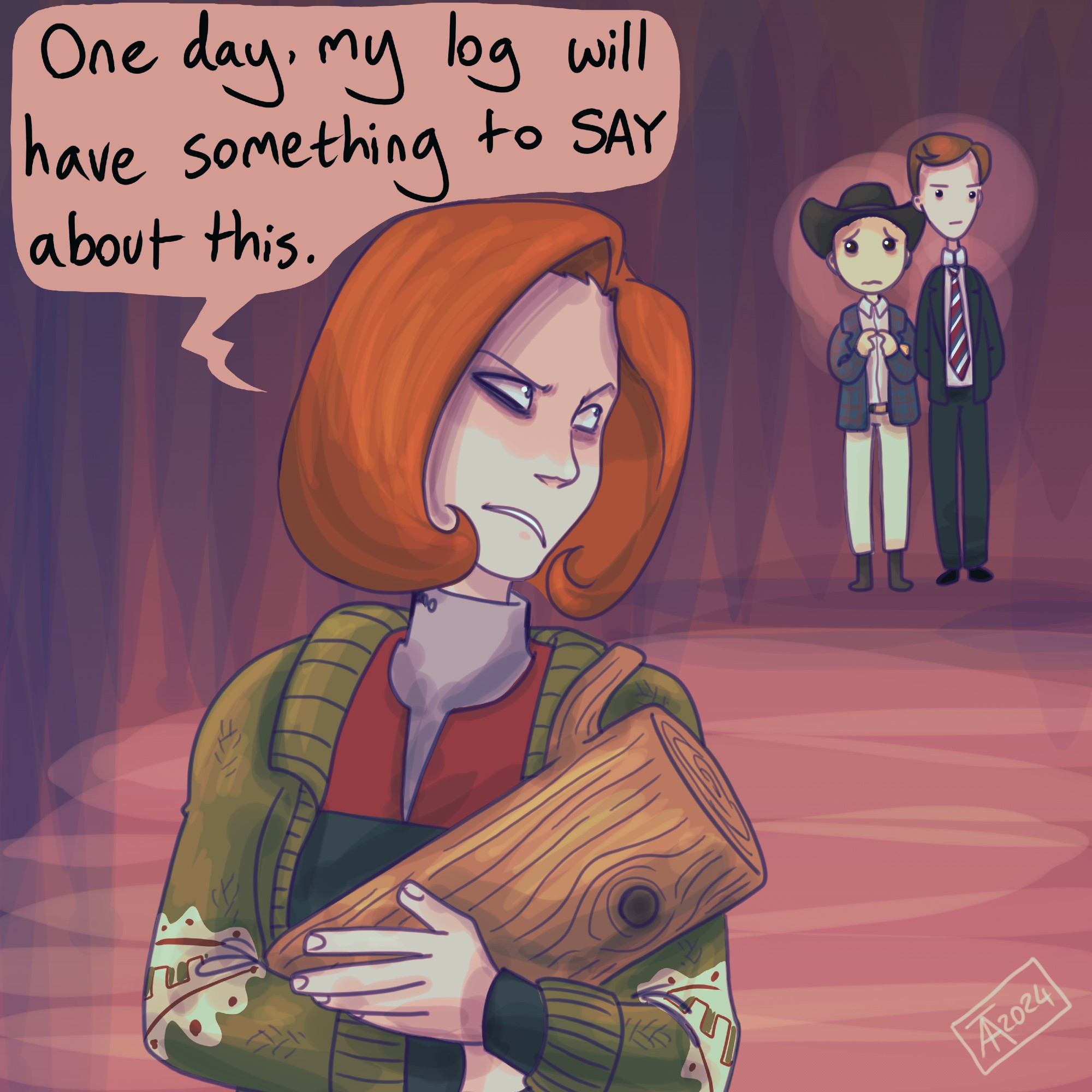 Cartoon of Janeway, Harry Kim and Tom Paris from Star Trek Voyager. Tom and Harry are dressed as Cooper and Harry from Twin Peaks, and Janeway is dressed as the Log Lady, being cryptic and vaguely threatening.