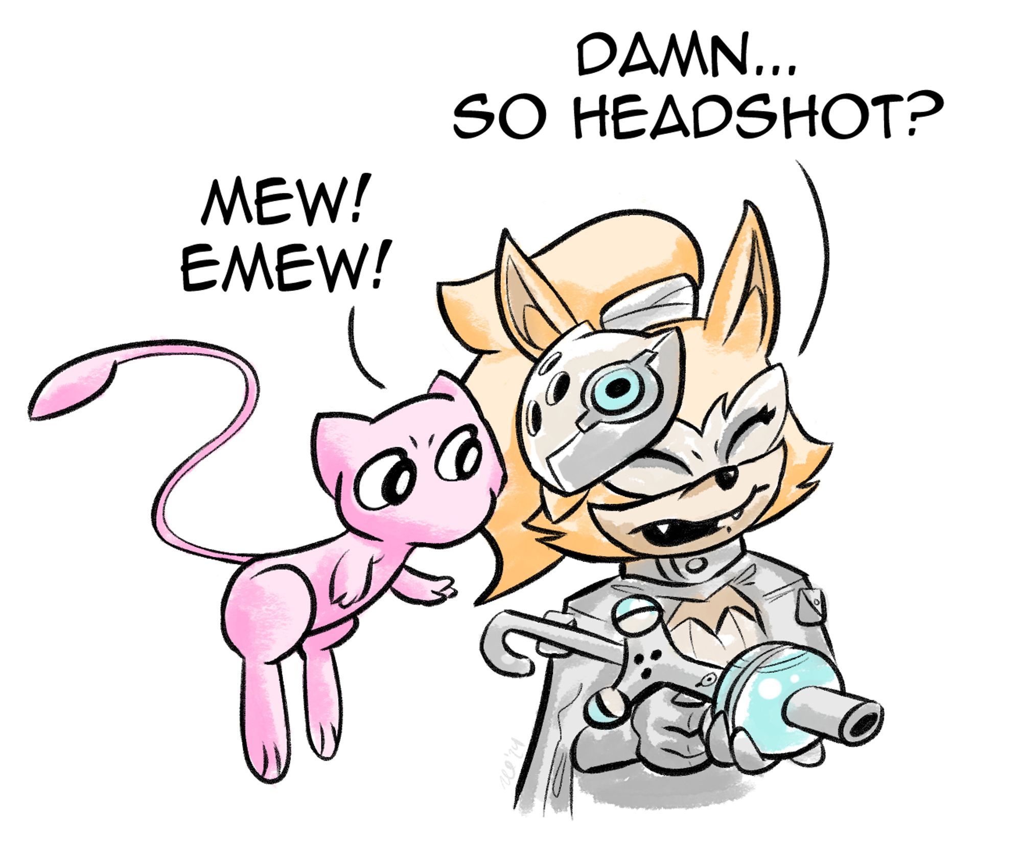 Mew from Pokemon with Whisper the Fox playing laser tag