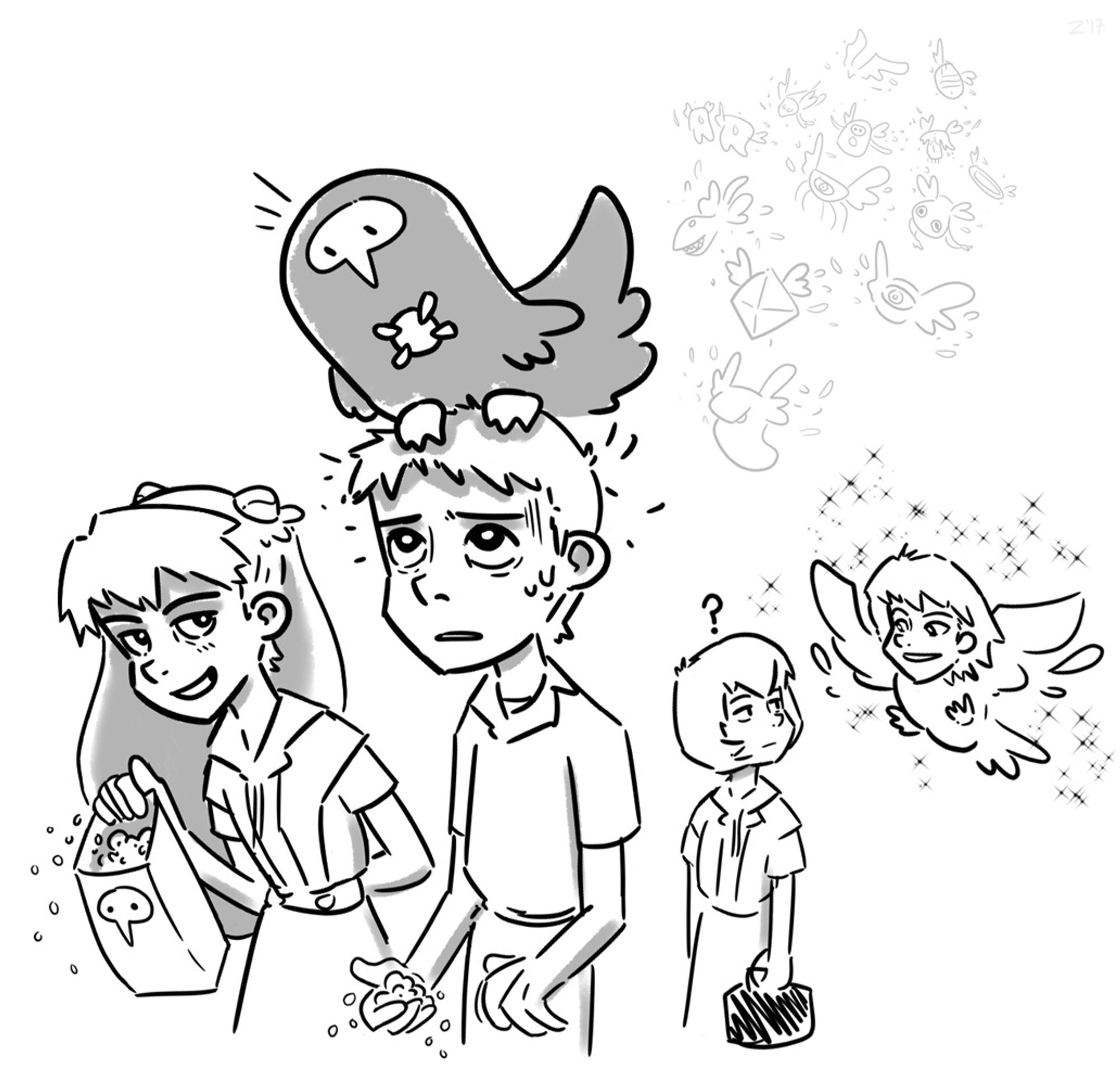 Eva children with a bunch of Angel birds (and bird Kaworu).