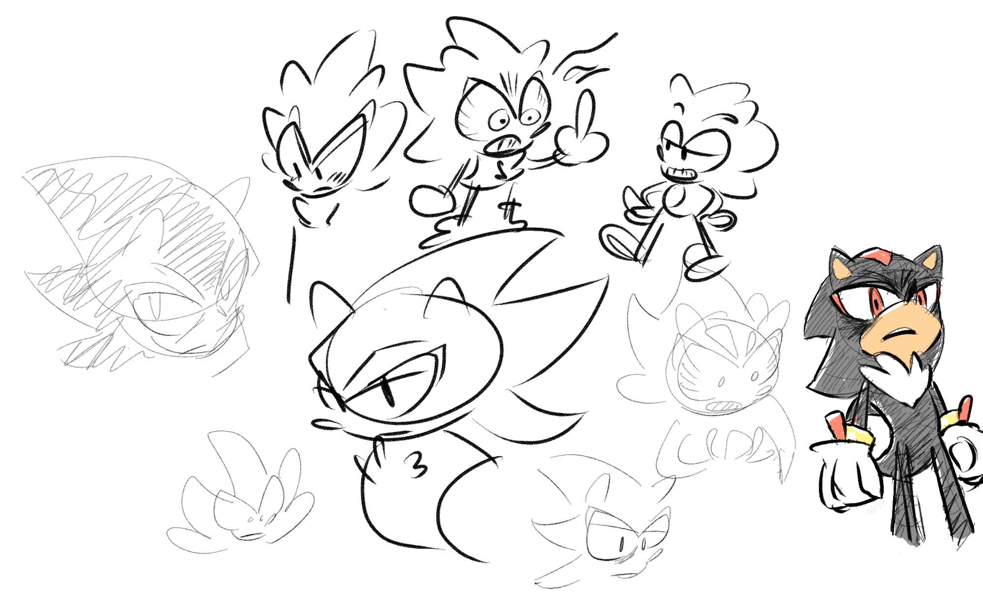 Many random Shadow the Hedgehog doodles (and one Sonic).