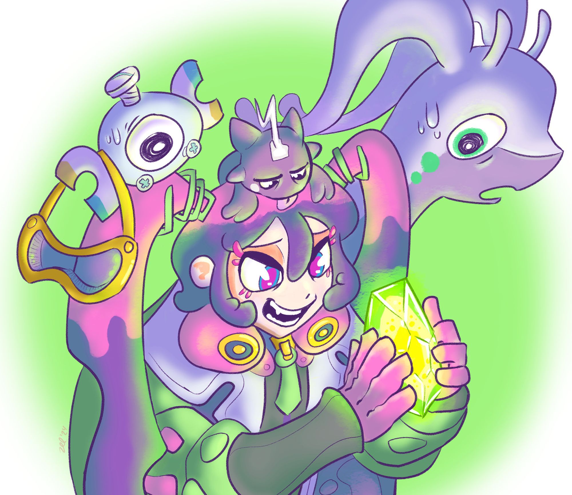 Poison Miku from the Project Voltage collab and her Pokemon team (Magnemite, Toxel and Goodra) observing a weird glowing green rock