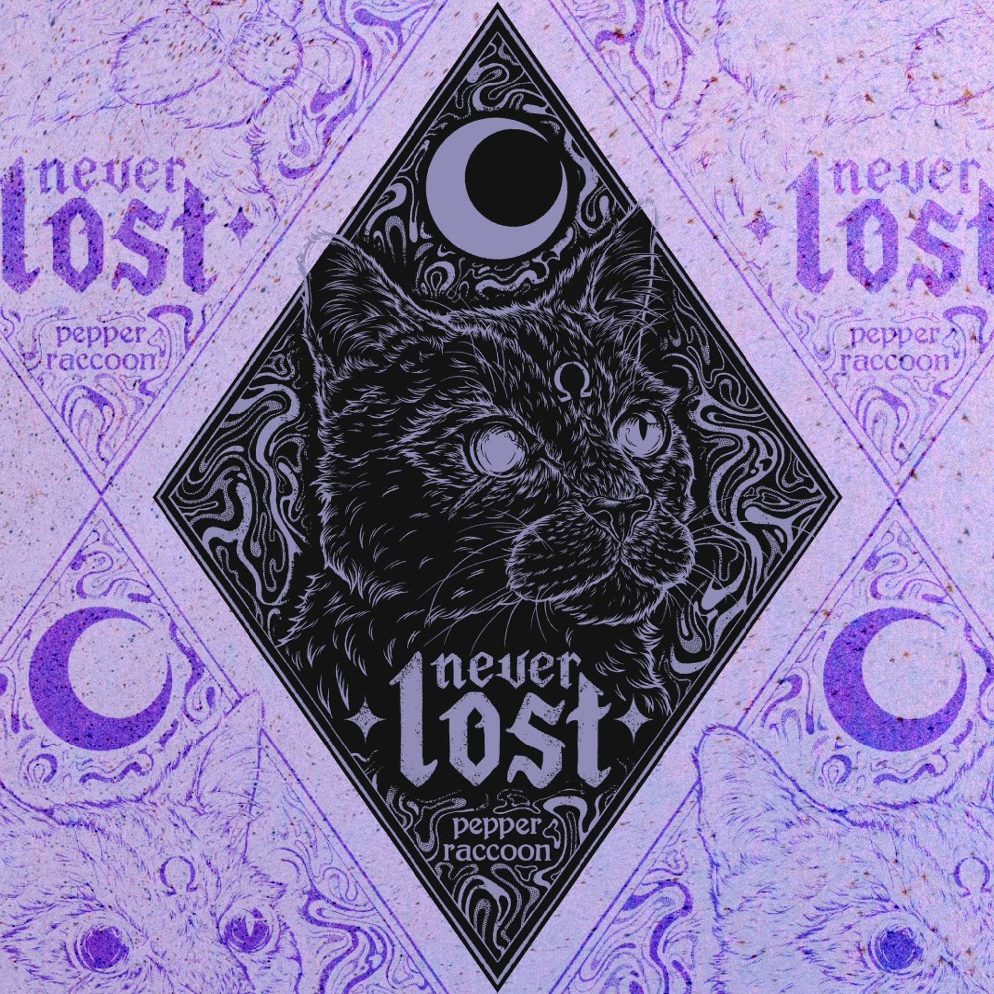 A digital artwork of a grizzled cat under a crescent moon. He's surrounded by trippy swirls, with the text "Never Lost" under his chin. The entire artwork is encased in a diamond shape.