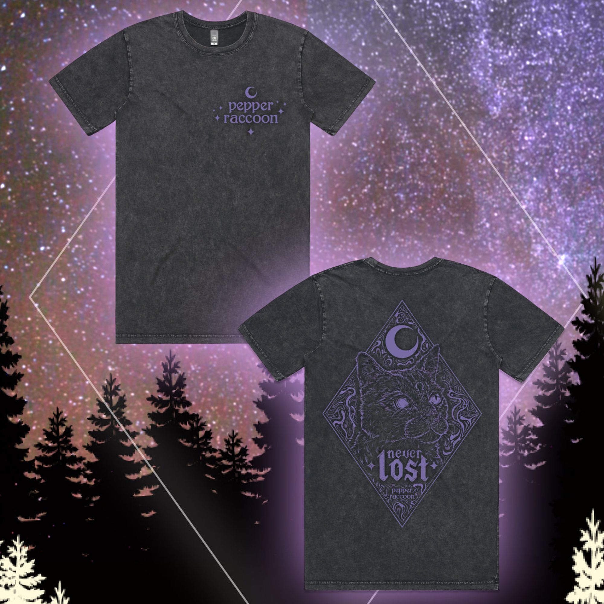 A digital flatlay of Pepper Raccoon's never lost tee. The shirt is stonewashed black (faded texture), with a back print of a grizzled cat under a crescent moon. He's surrounded by trippy swirls, with the text "Never Lost" under his chin. The entire artwork is encased in a diamond shape. The front of the shirt features cosmic details and a small Pepper Raccoon logo.